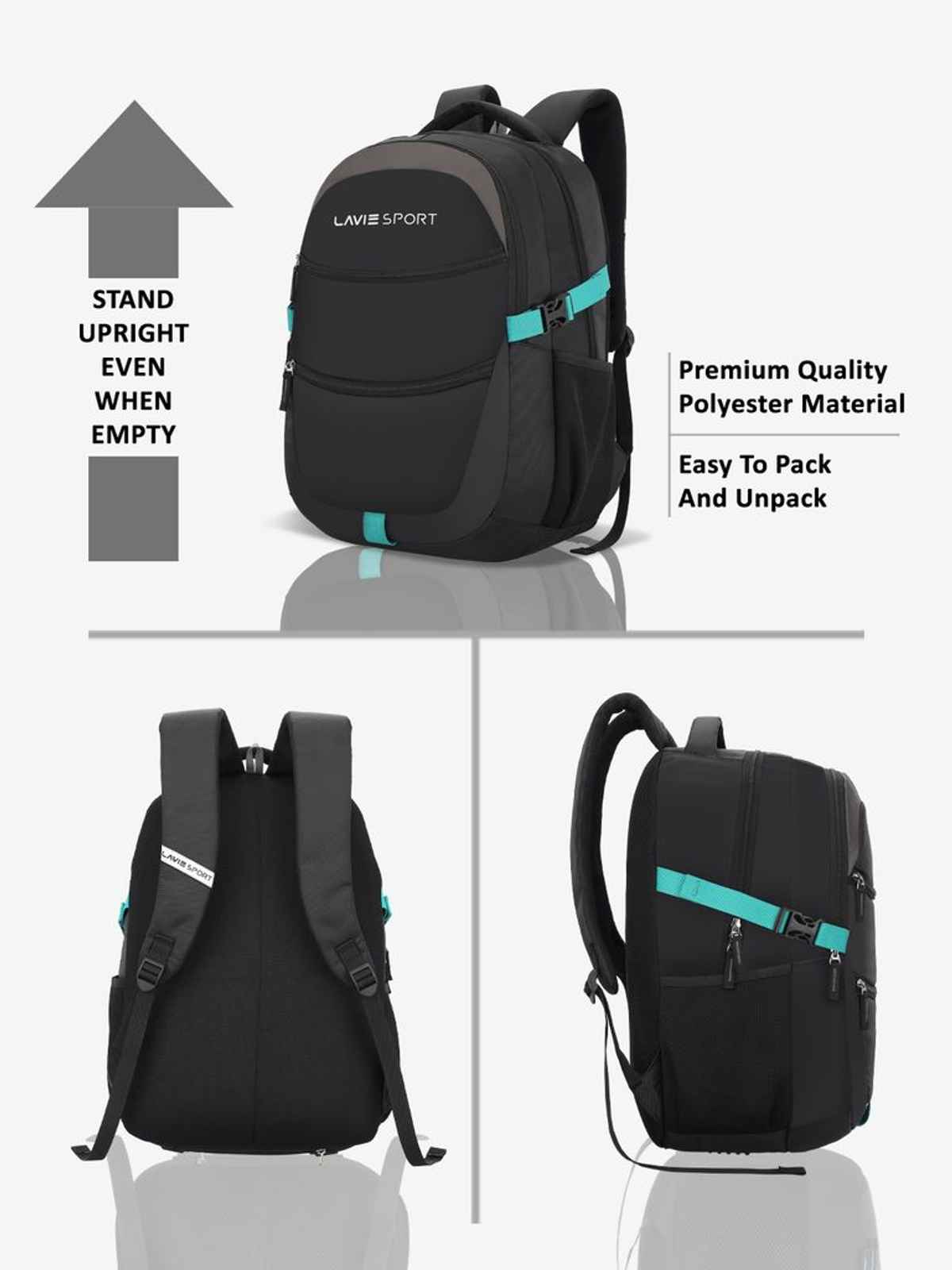 Lavie Sport Unisex Solid Polyester Padded Grab Handle Laptop Backpack | Black | M (31 x 20 x 46 cm)