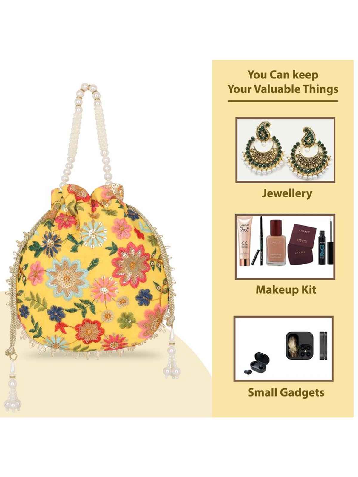 Lavie Women's Jiya Floral Embroidered Potli | Small | Ocher