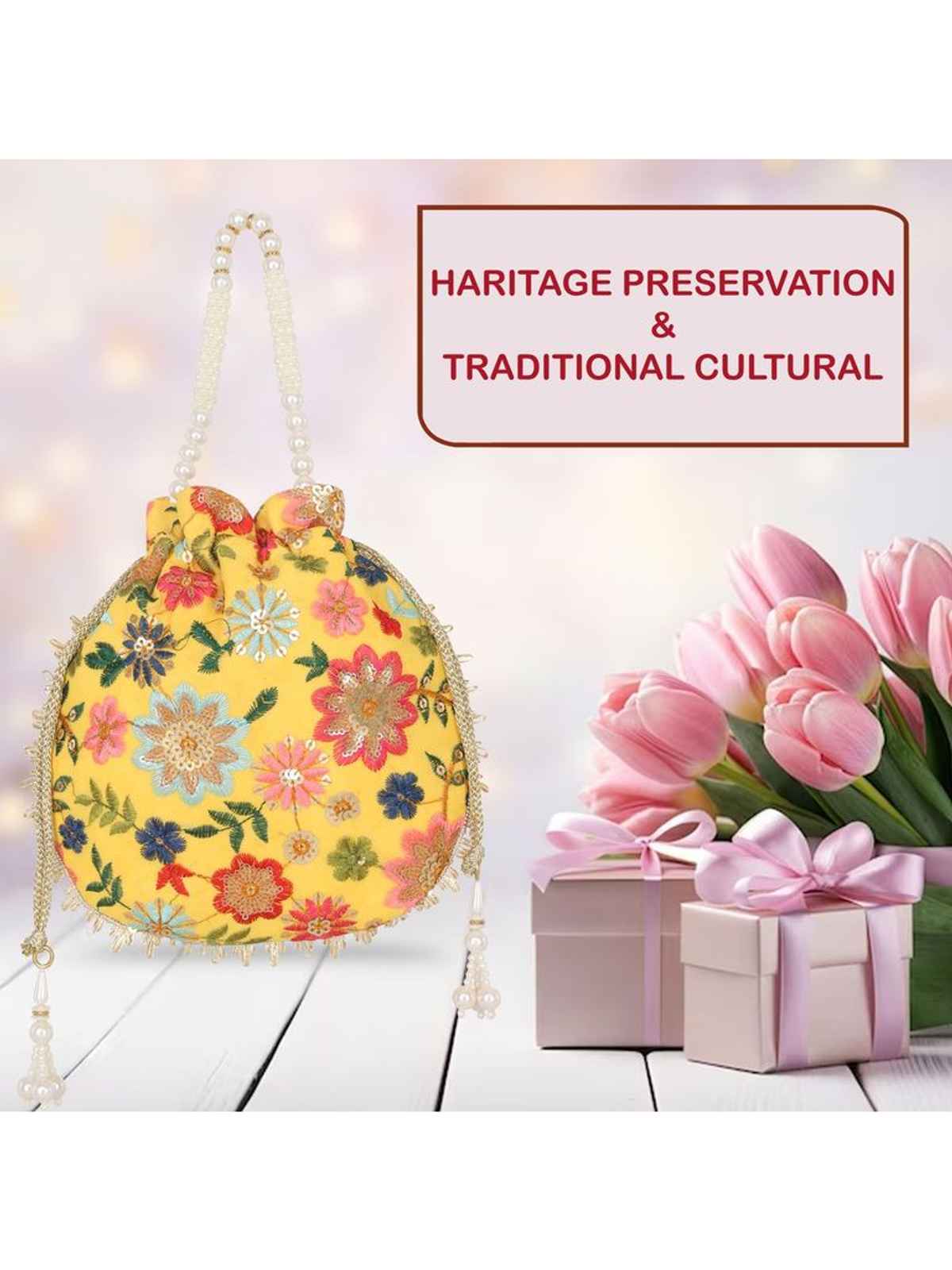 Lavie Women's Jiya Floral Embroidered Potli | Small | Ocher