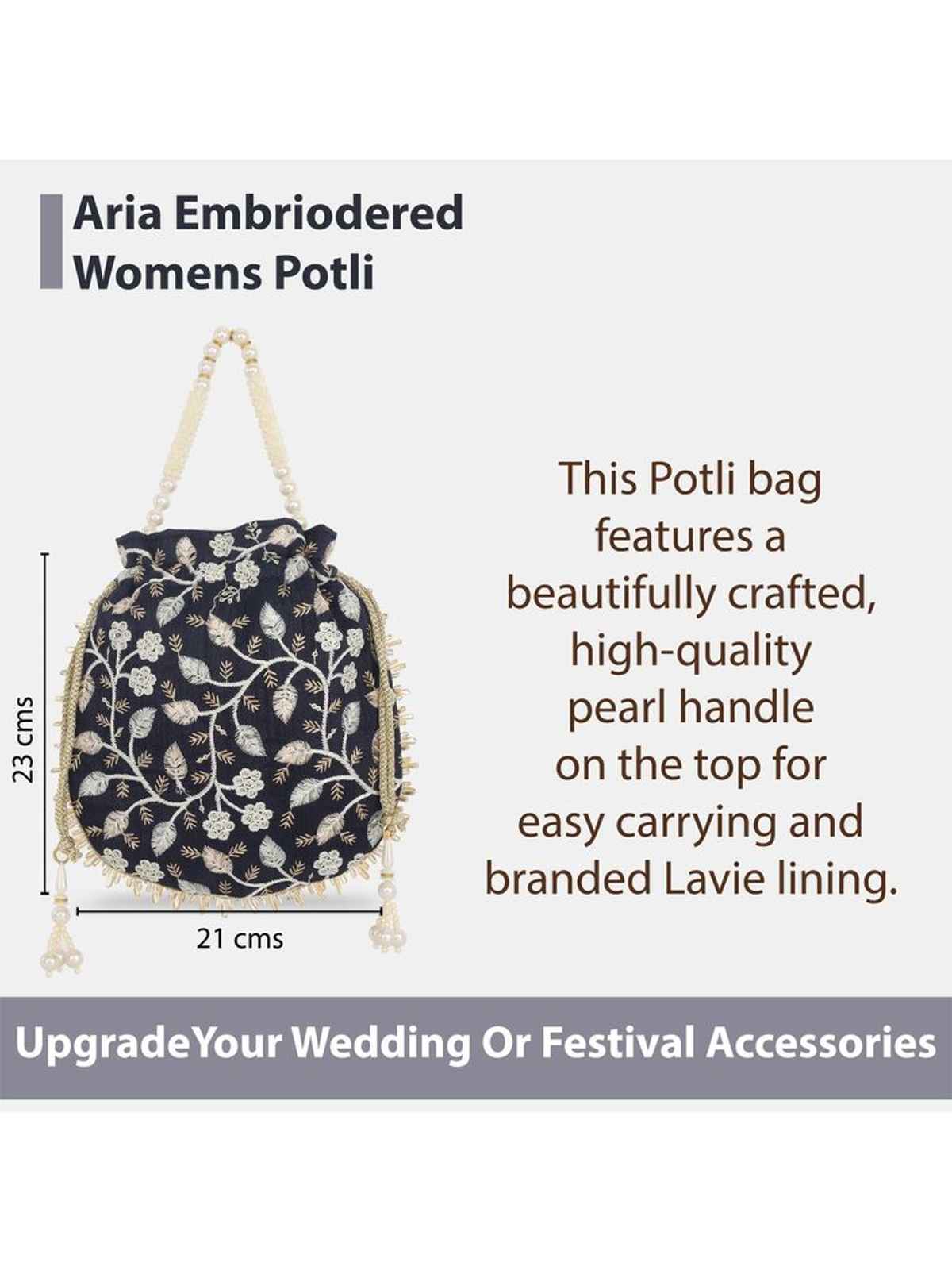 Lavie Women's Aria Round Embroidered Potli | Navy