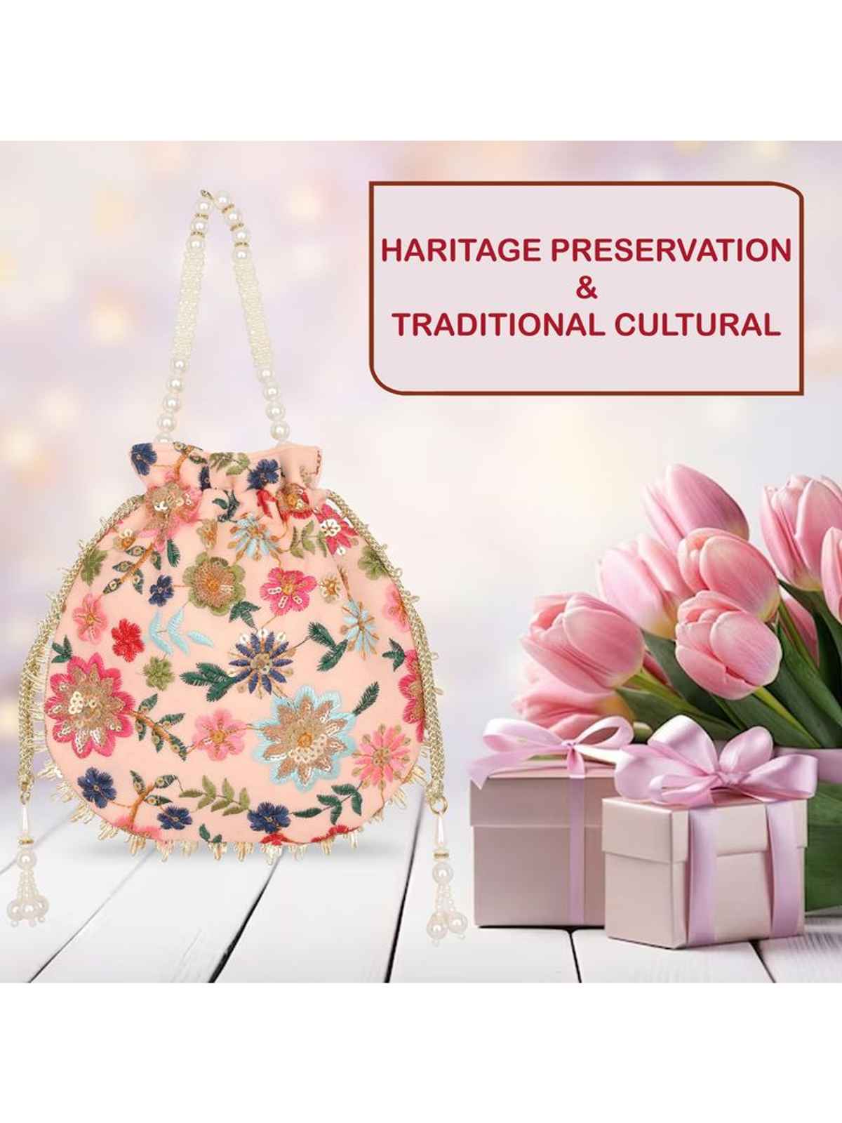 Lavie Women's Jiya Floral Embroidered Potli | Small | Light Pink