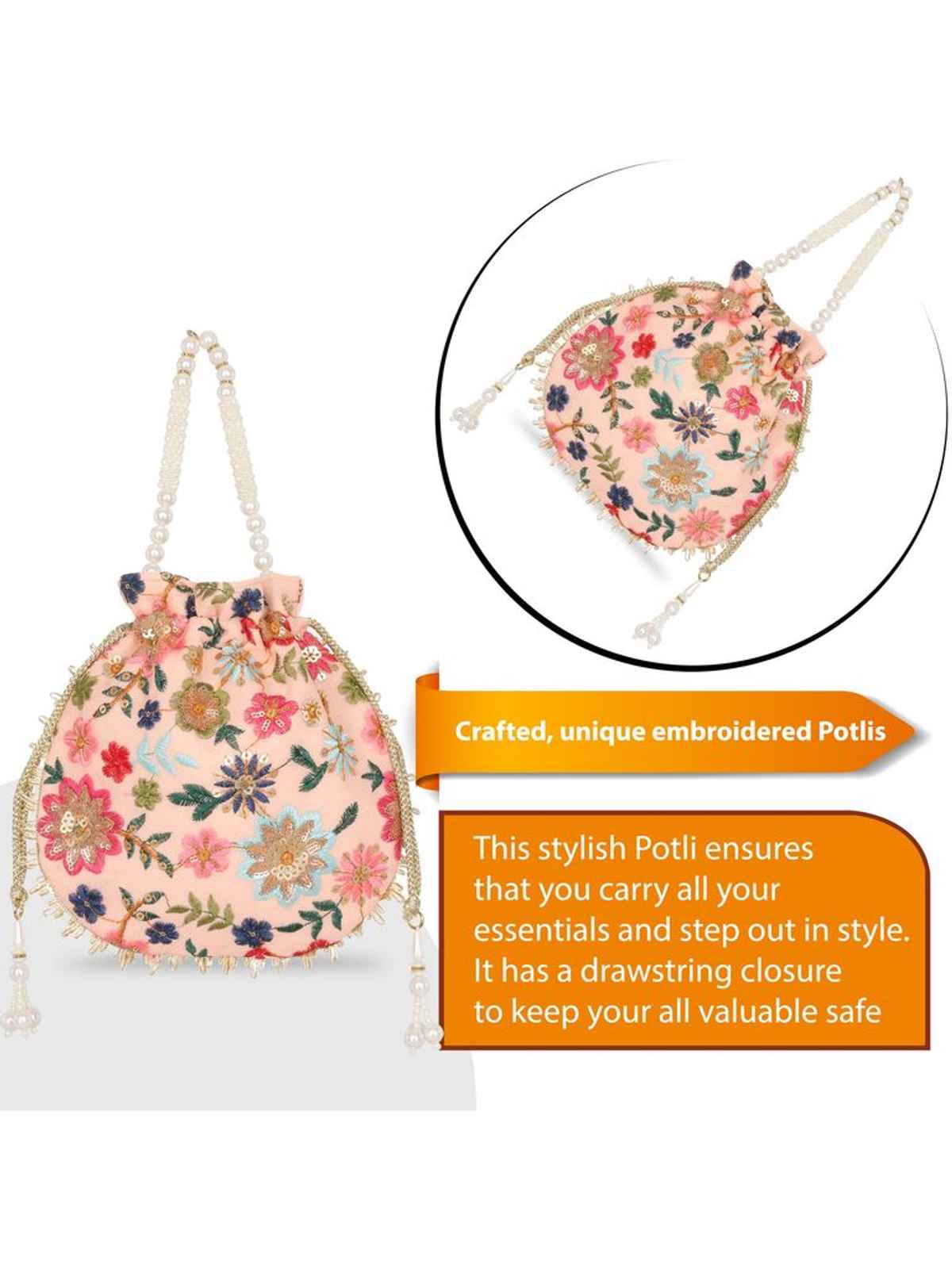 Lavie Women's Jiya Floral Embroidered Potli | Small | Light Pink