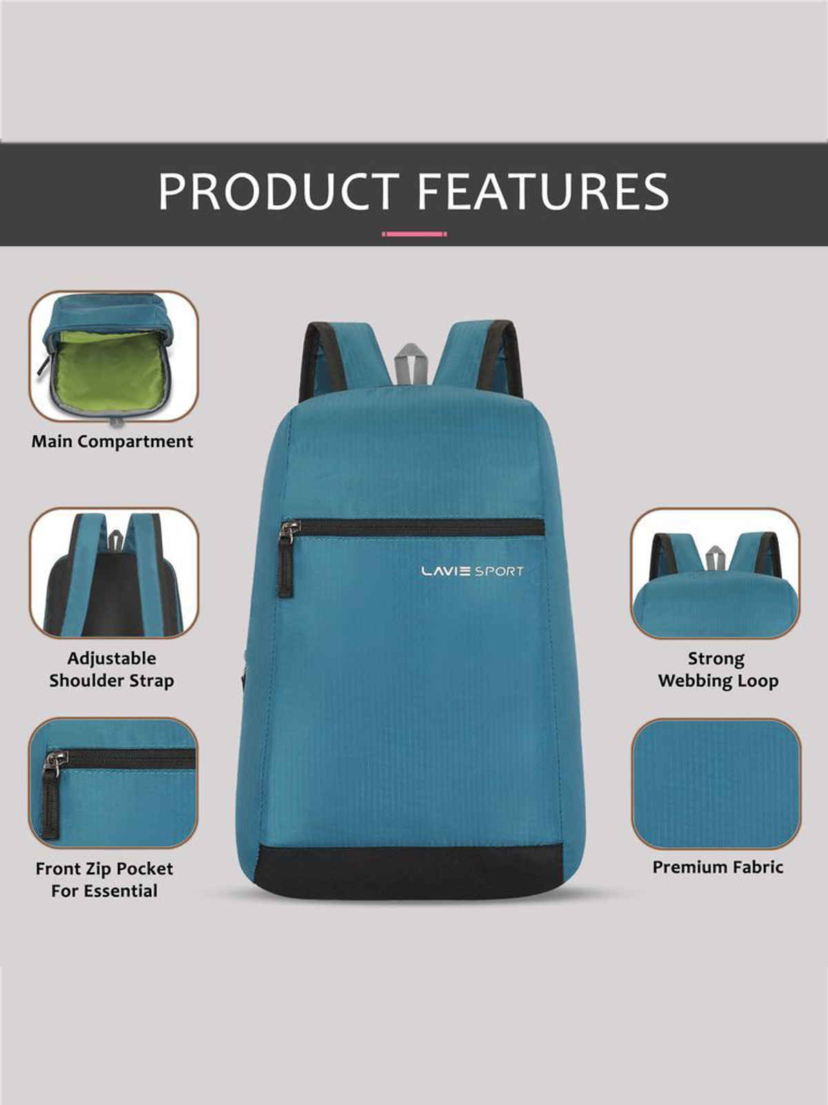 Lavie Sport Unisex Solid Polyester Top Handle Casual Backpack | Crystal Teal | S (25 x 12 x 37 cm)