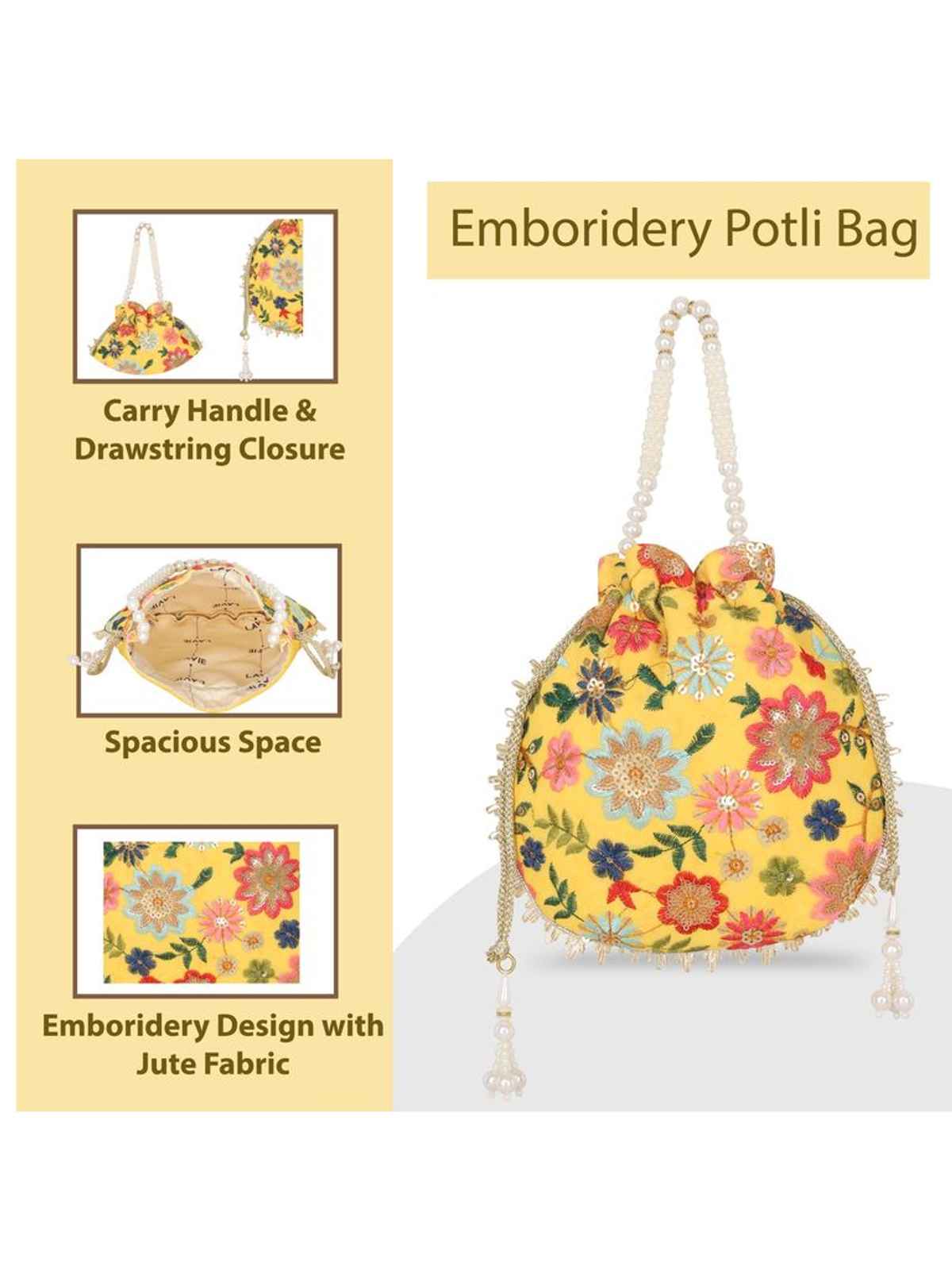 Lavie Women's Jiya Floral Embroidered Potli | Small | Ocher