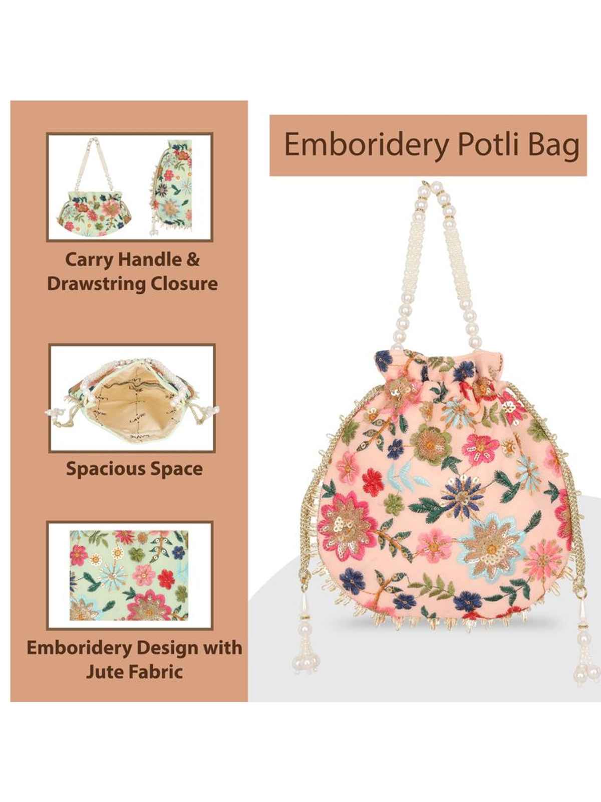 Lavie Women's Jiya Floral Embroidered Potli | Small | Light Pink