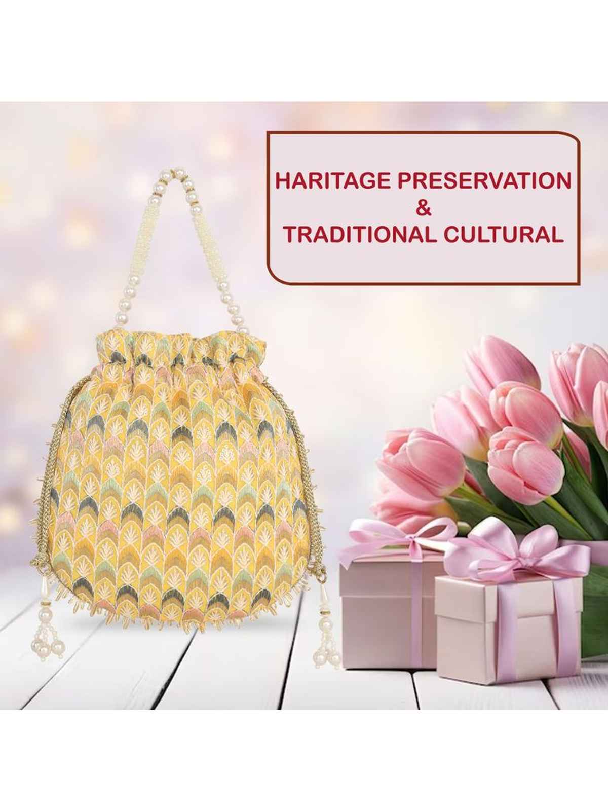 Lavie Women's Noor Chevron Embroidered Potli | Small | Yellow