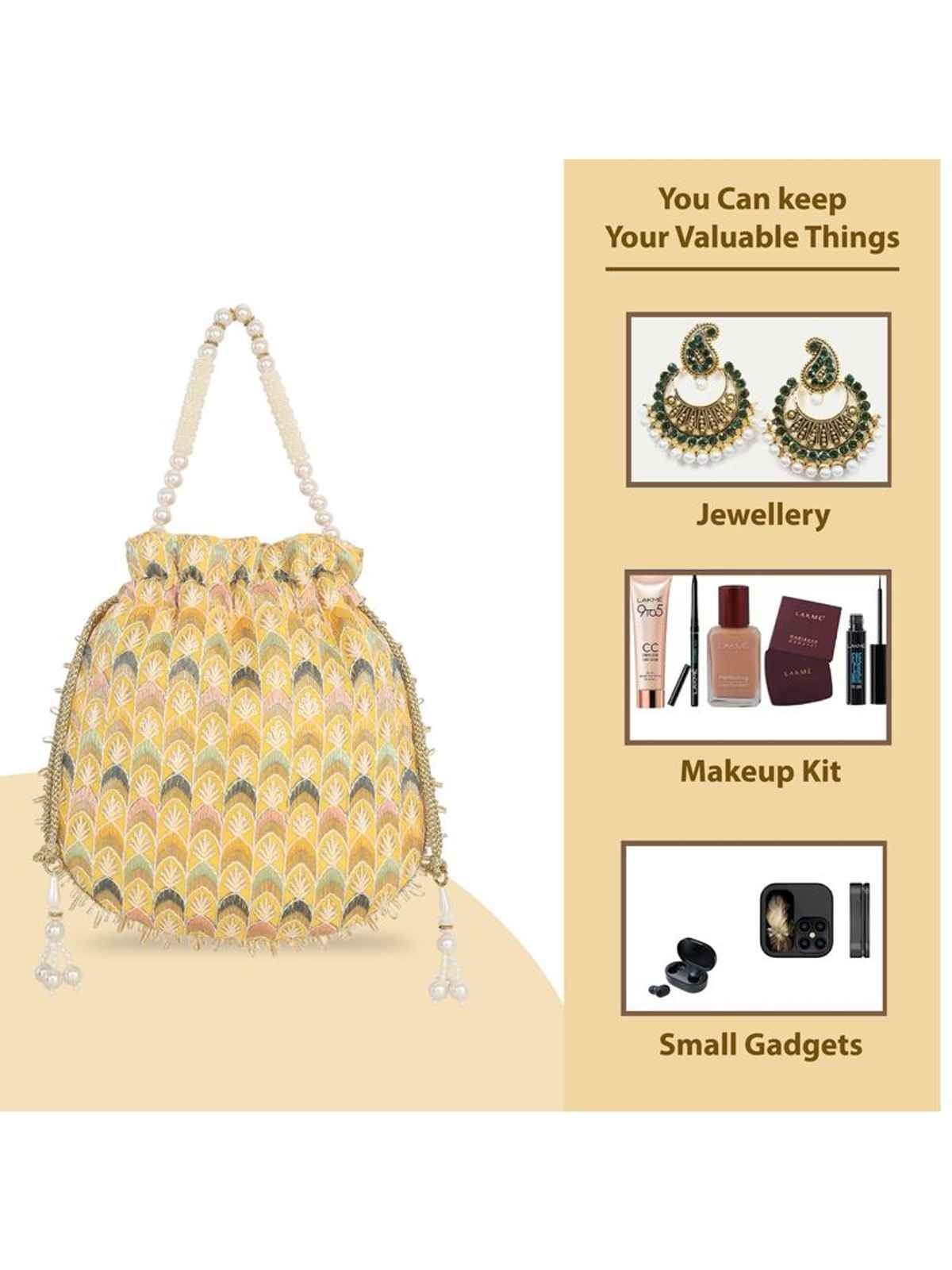 Lavie Women's Noor Chevron Embroidered Potli | Small | Yellow