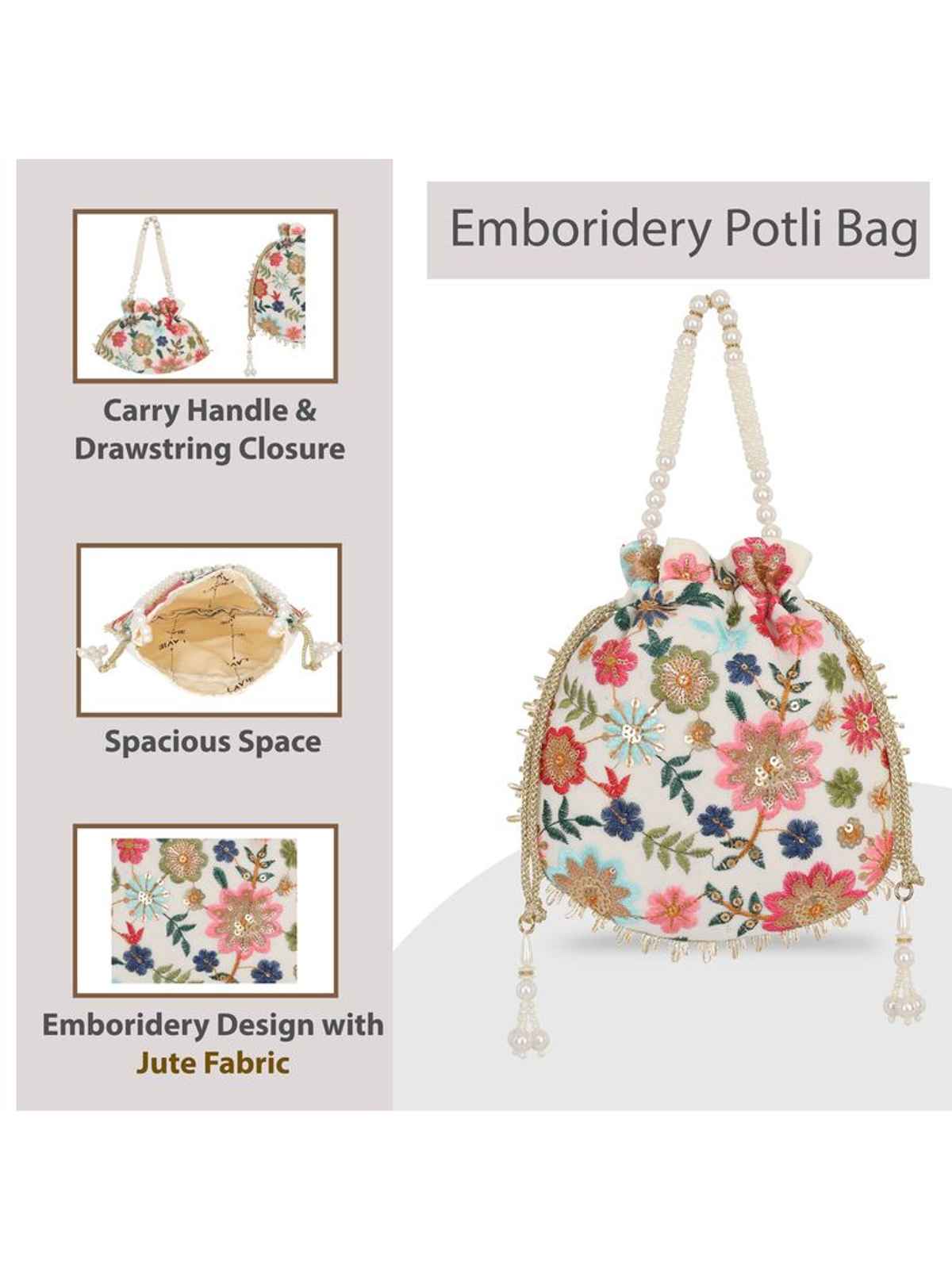 Lavie Women's Jiya Floral Embroidered Potli | White