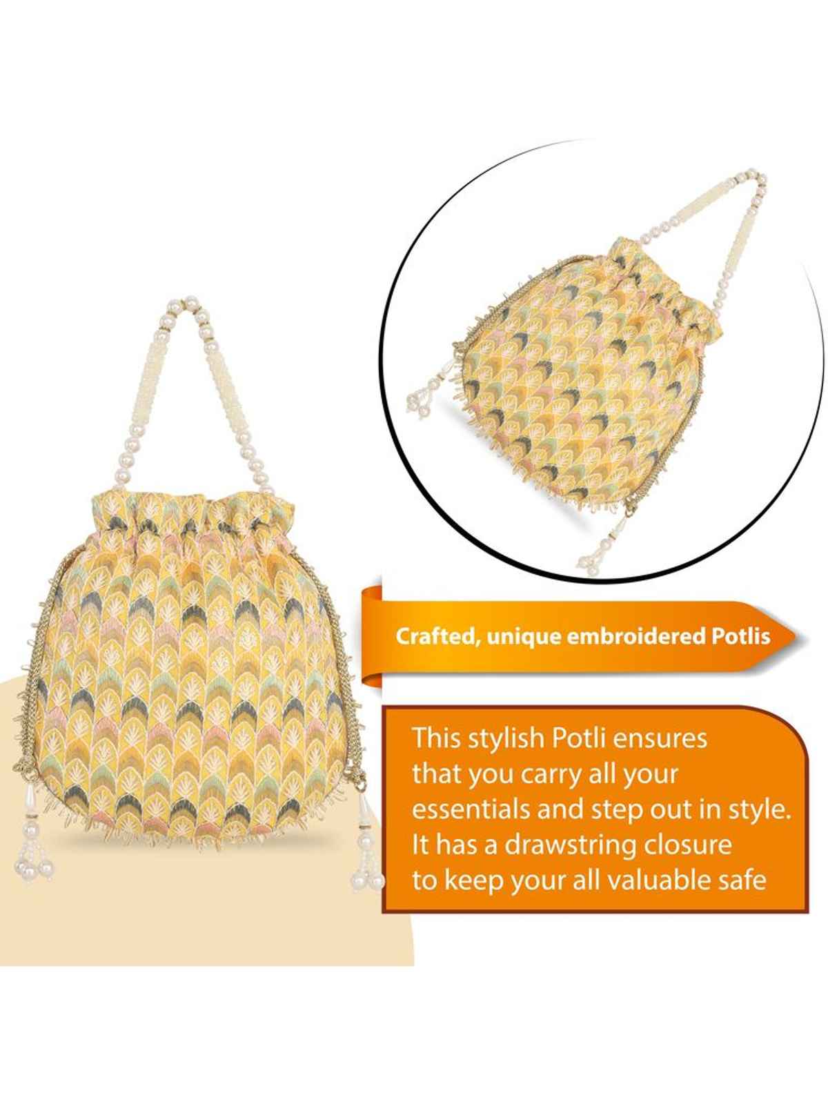 Lavie Women's Noor Chevron Embroidered Potli | Small | Yellow