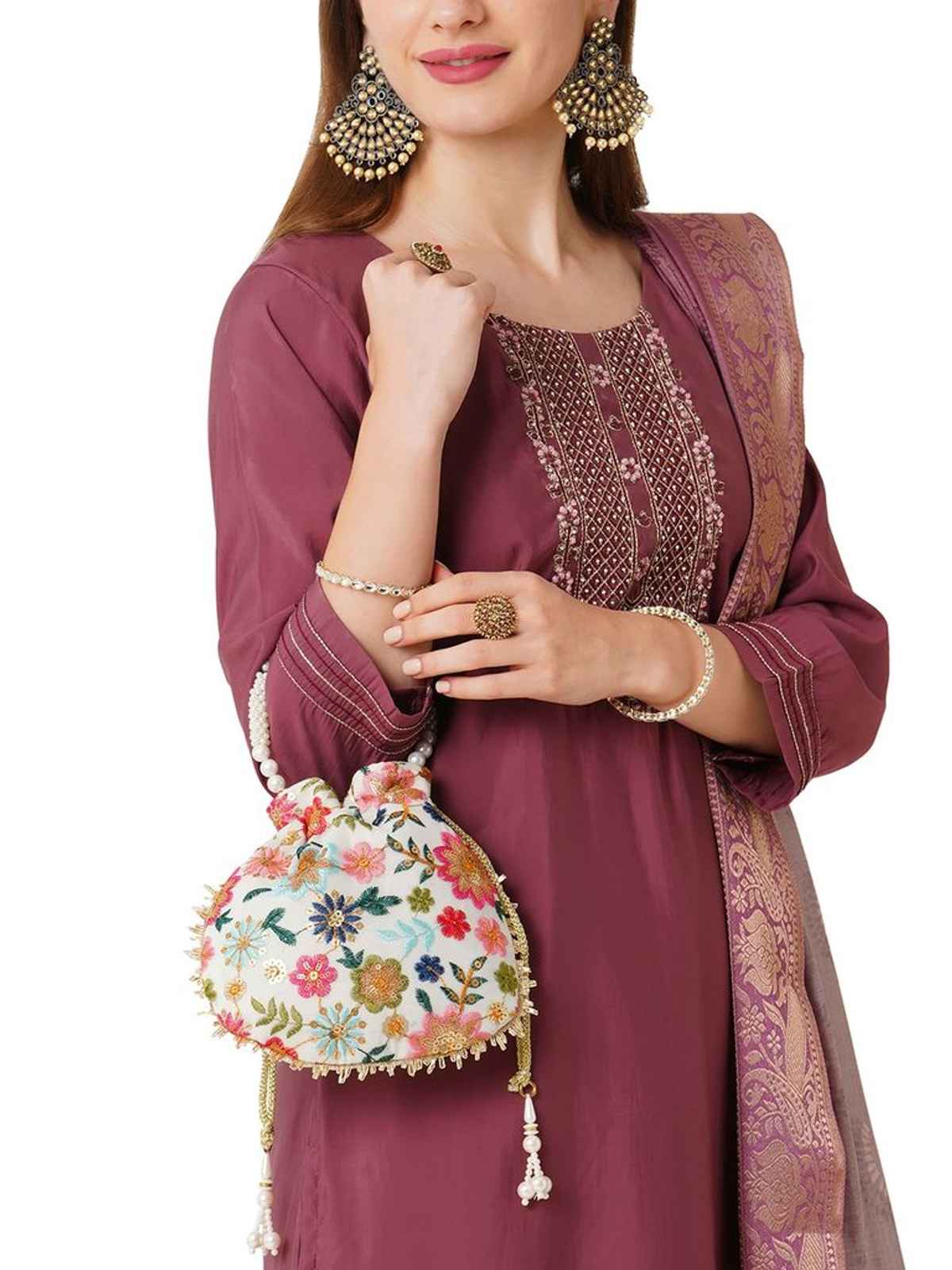 Lavie Women's Jiya Floral Embroidered Potli | White
