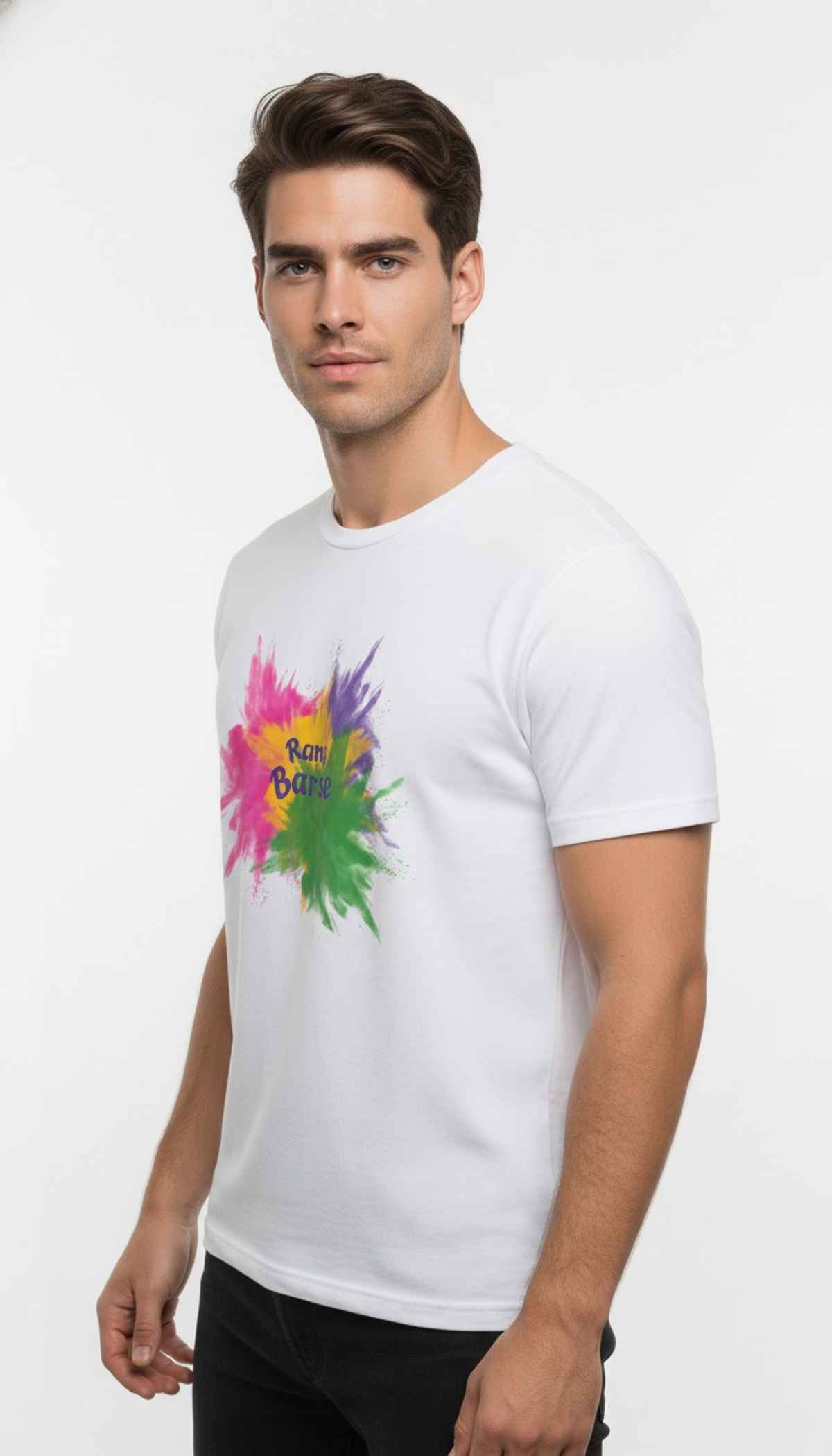 Springman Unisex Cotton Rich Half Sleeve Round Neck T-Shirt | White Rang Barse Printed | L