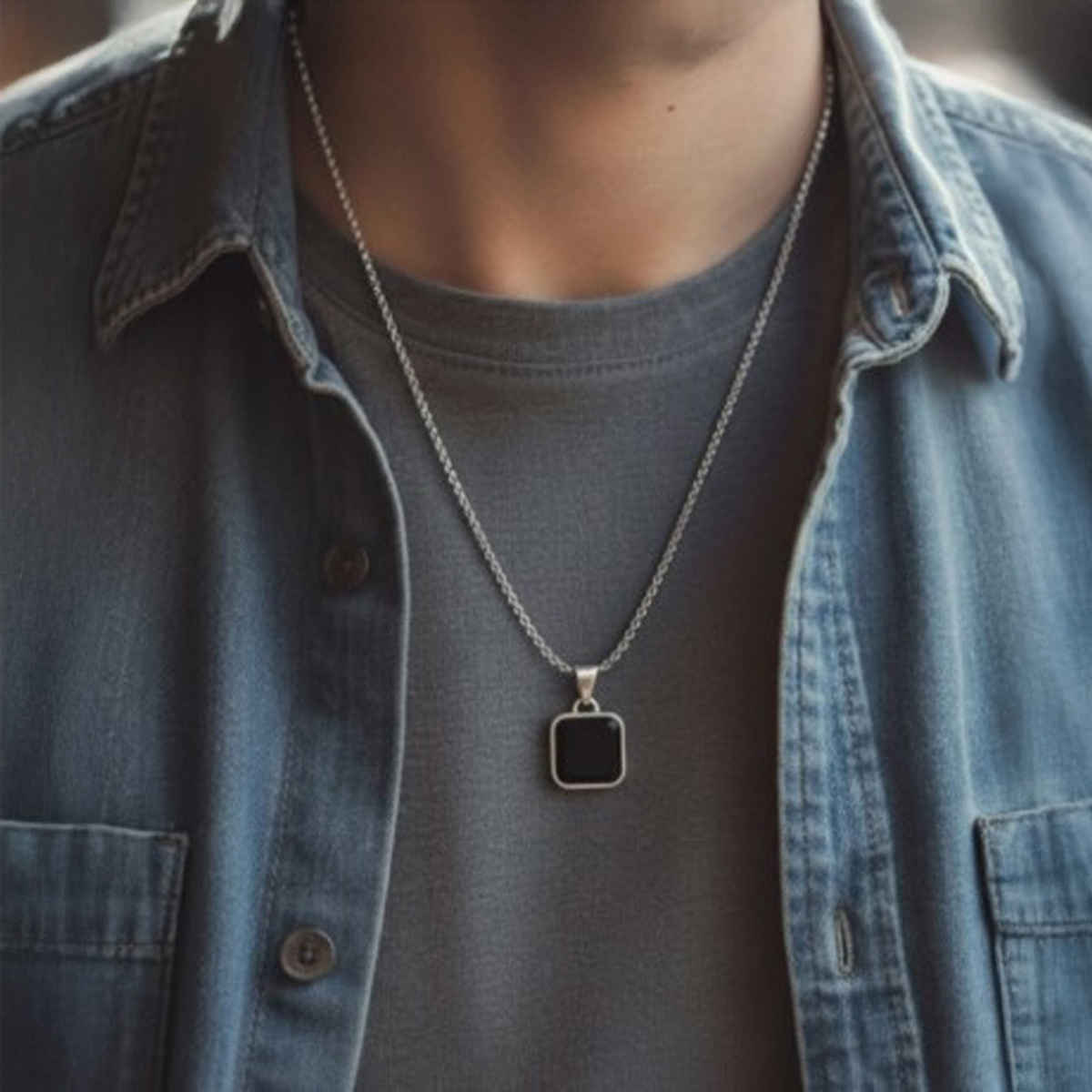 The Opal Factory Men's Pendant | Square Pendant with Chain | Necklace-096 | Silver