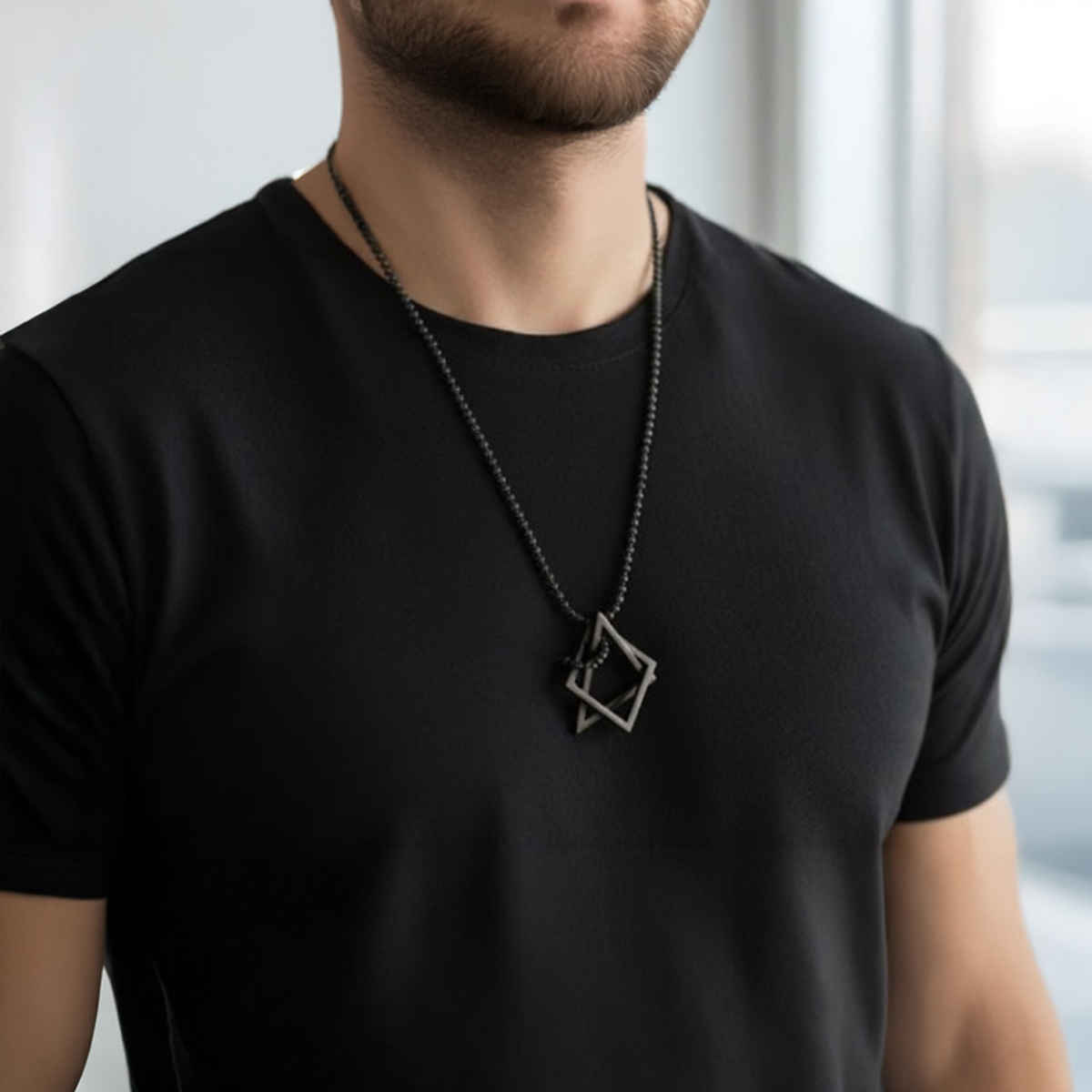 The Opal Factory Men's Jewelry Triangle in Square Pendant Chain | Necklace-093 | Black