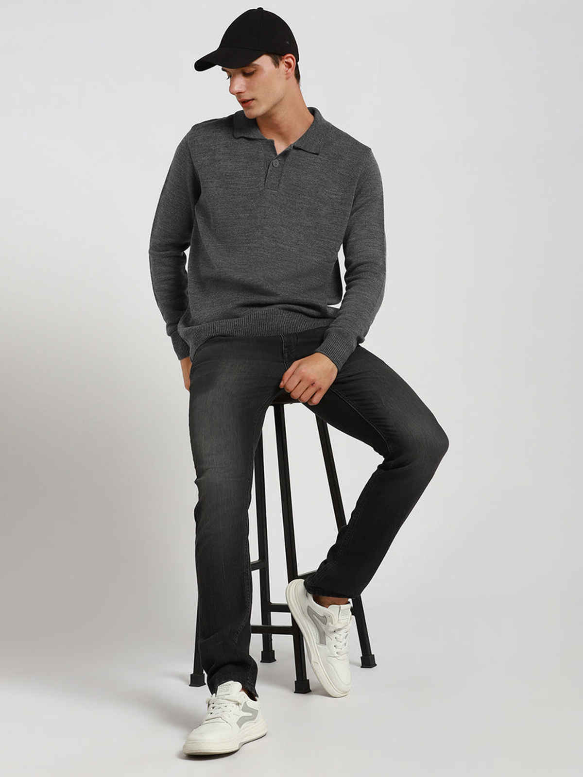 Dennis Lingo Men's Collar Regular Fit Solid Sweater | Mid Grey Melange | L
