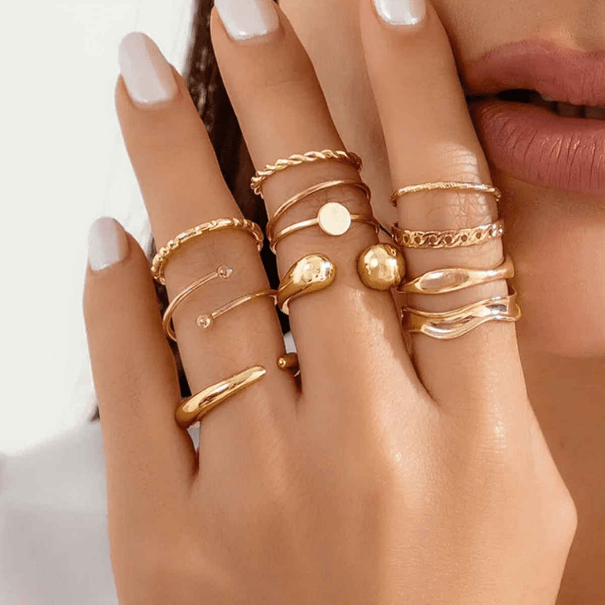 Jewels Galaxy Gold Plated Geometric Twisted Waterdrop Open Ring Set