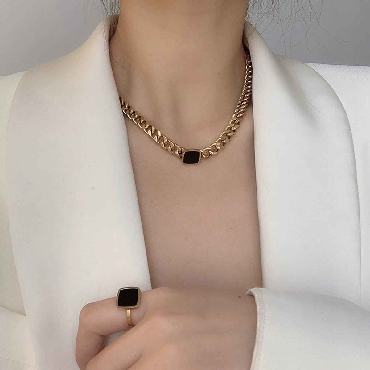 Just Lil Things Chunky Gold Cuban Link Necklace with Black Pendant Bold Statement Jewelry | jltn0577