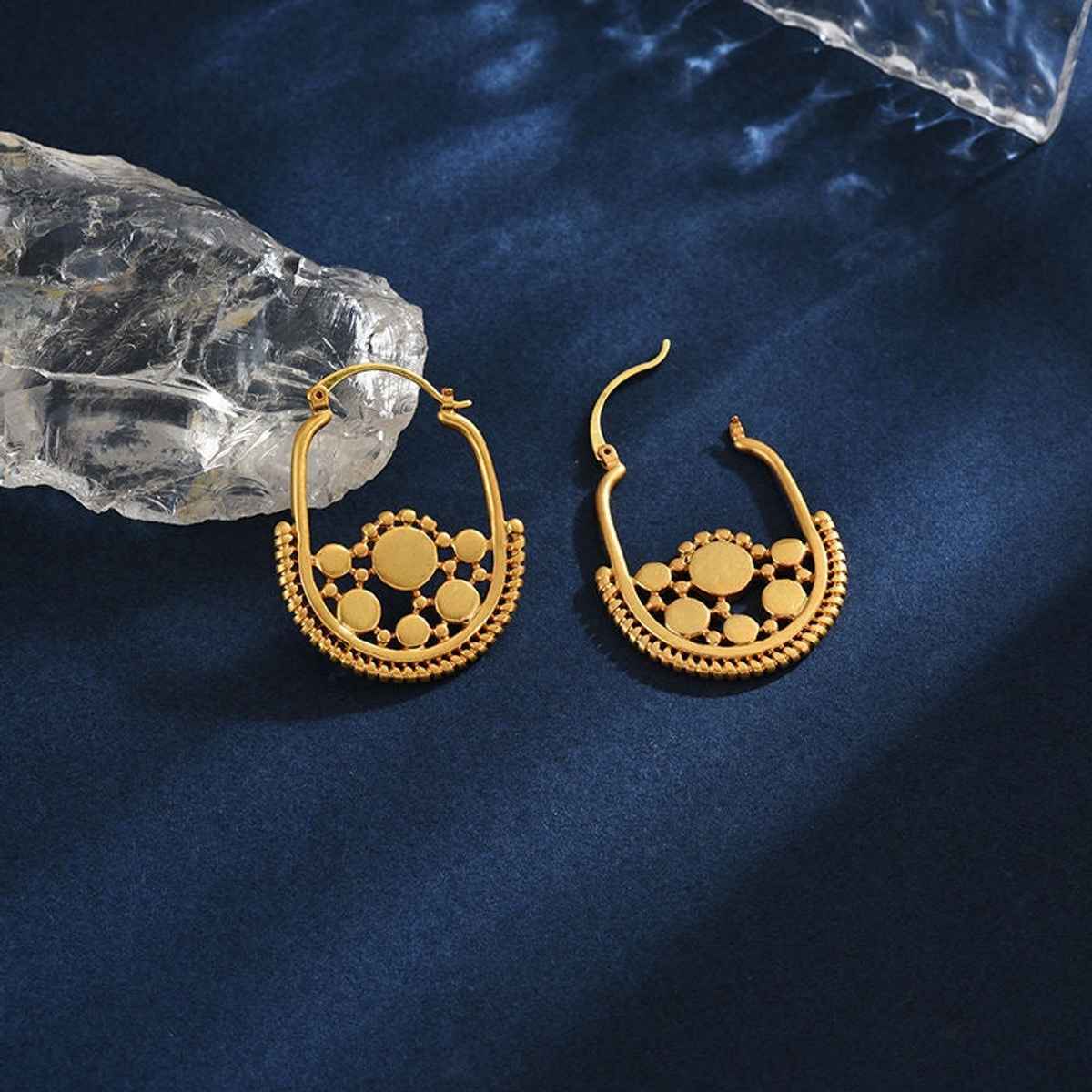 Just Lil Things Boho Chic Gold Hoop Earrings With Intricate Tribal Design | Jlt11760