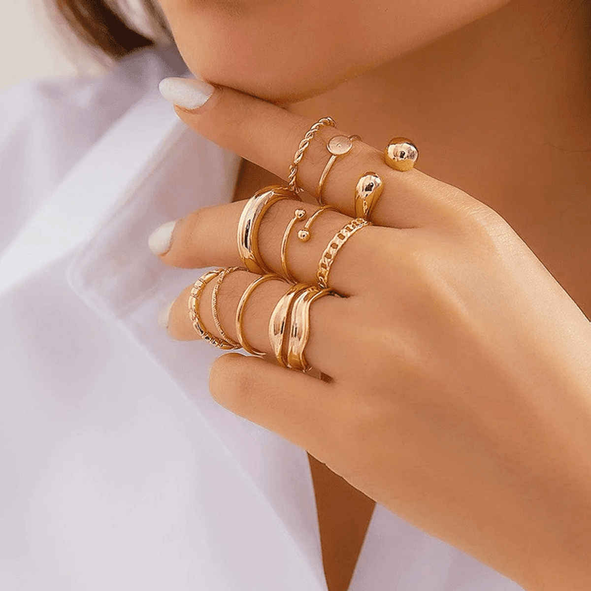 Jewels Galaxy Gold Plated Geometric Twisted Waterdrop Open Ring Set