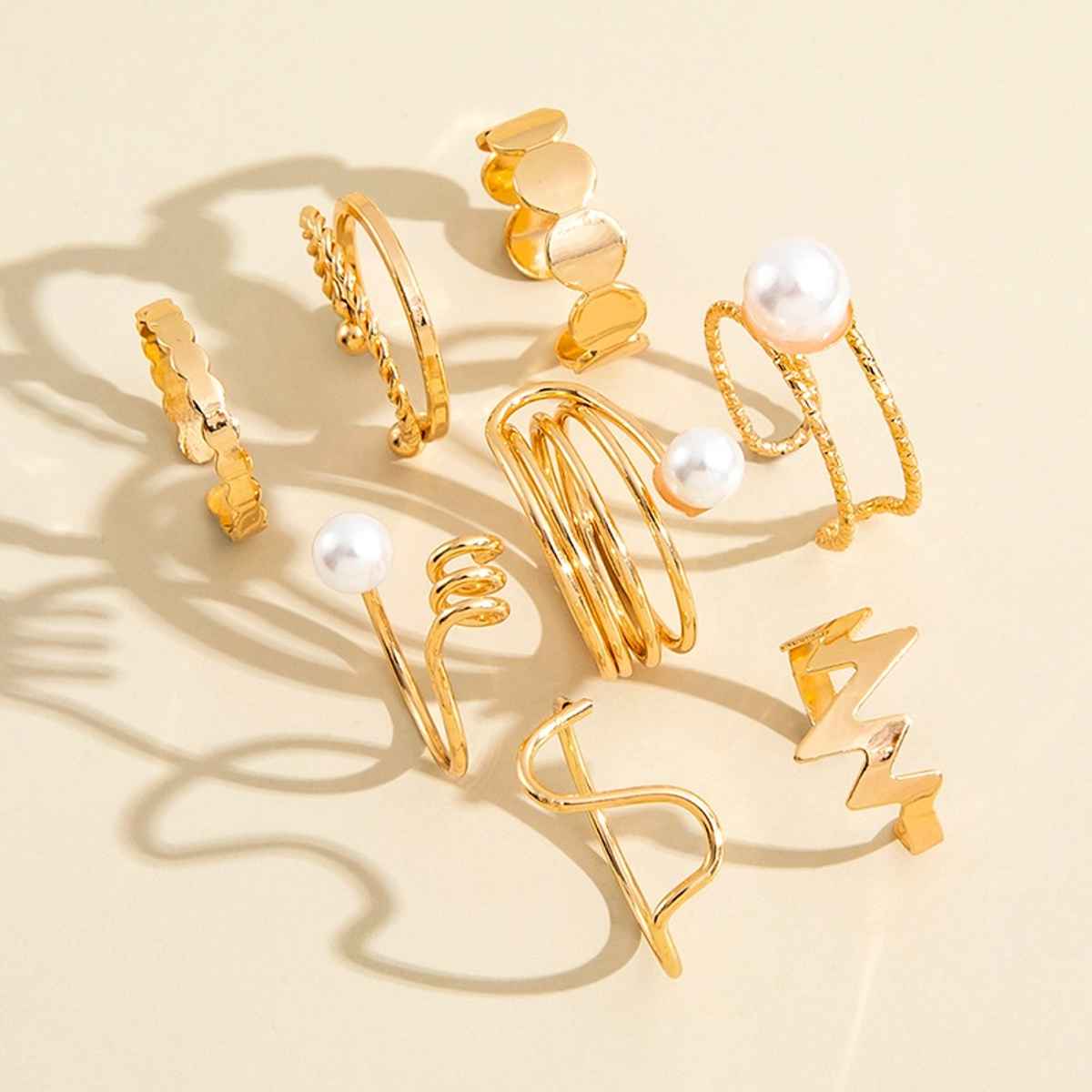 Shining Diva Fashion 8 Pcs Stylish Pearl Rings for Women and Girls | Golden | 14772r