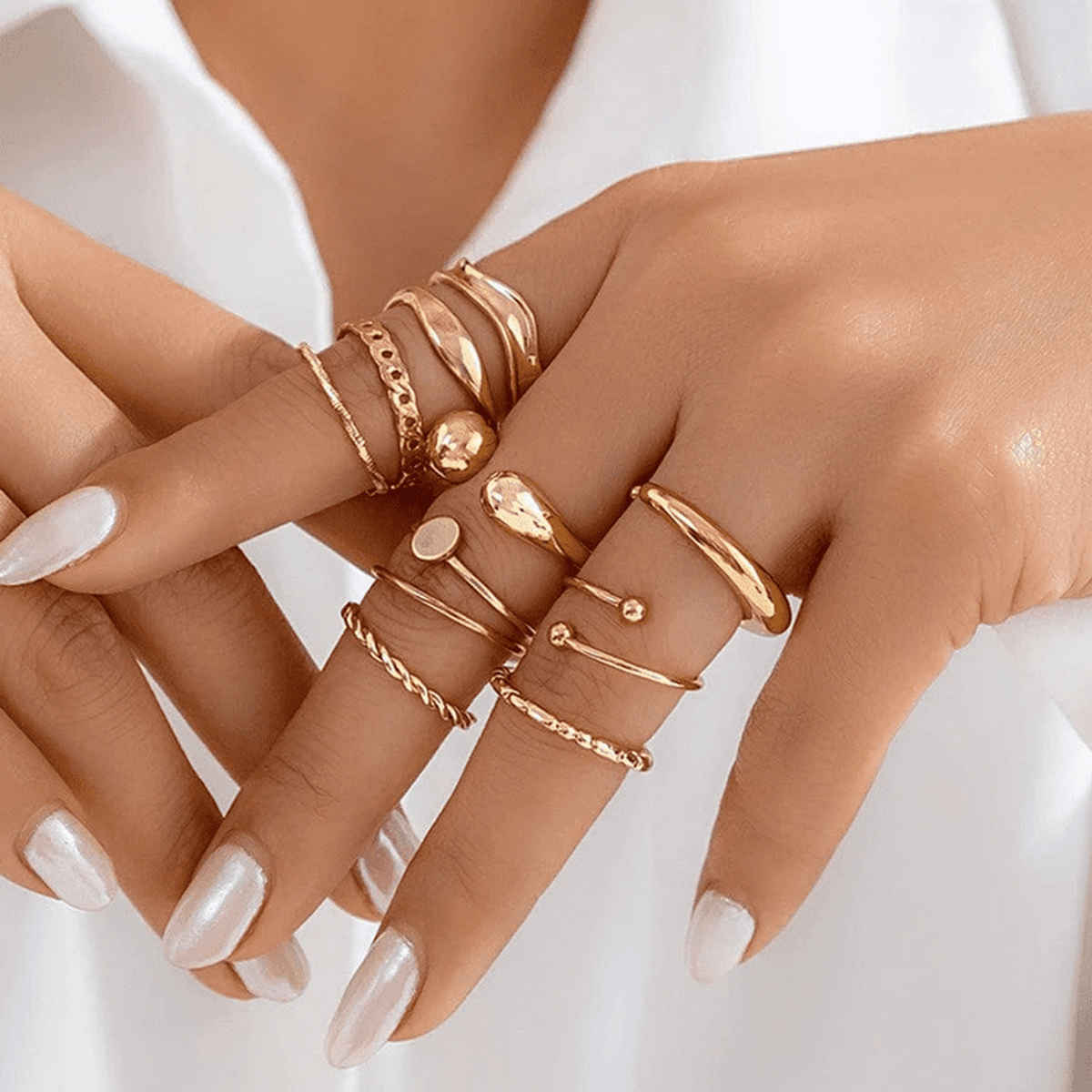Jewels Galaxy Gold Plated Geometric Twisted Waterdrop Open Ring Set
