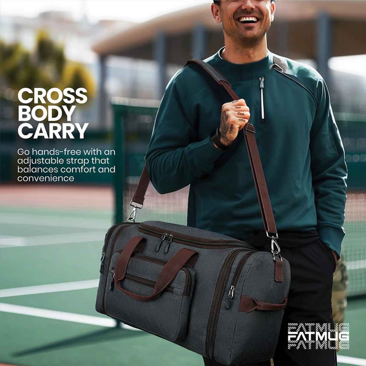 FATMUG Expandable Duffel Overnight Travel Weekender Bag for Men Women | Dark Grey - 38 to 45L