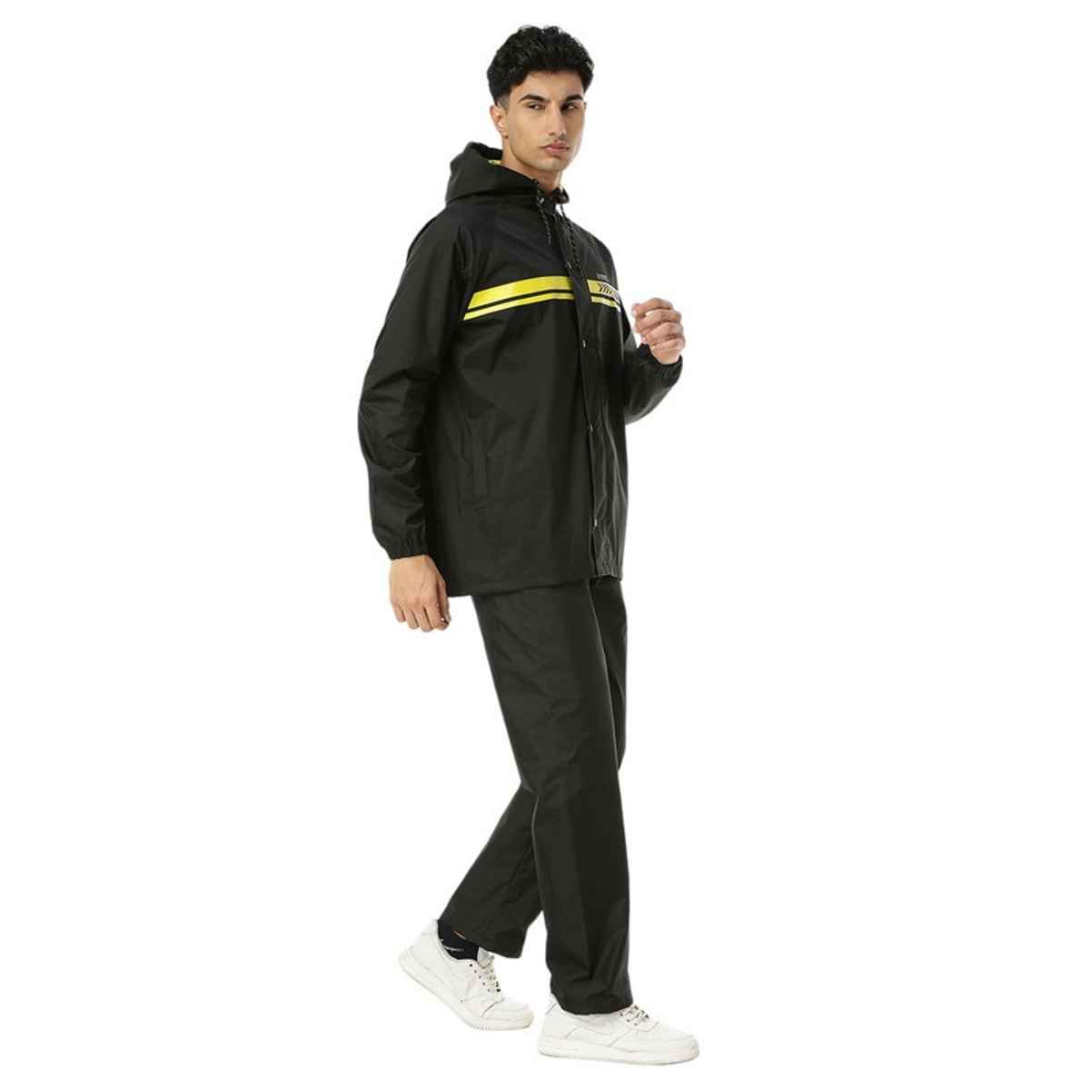 ZEEL Rain Coat for Men with Adjustable Hood along with Reflective back, Black-Lime XL