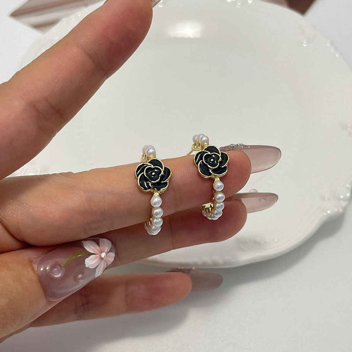 Beautynx Black Rose Pearl Hoop Earrings | BNX-EAR-0055 - Gold