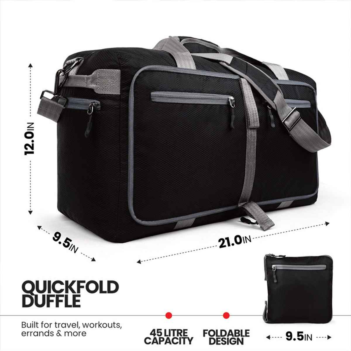 FATMUG Foldable Duffel Luggage Bag for Travel Packing and Storage Men Women | Black - 45 L