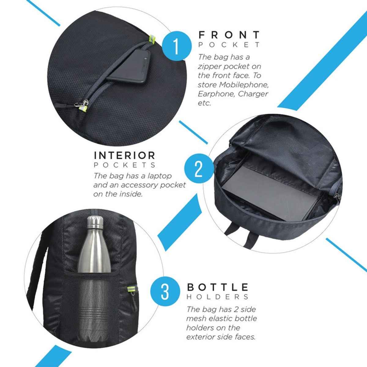 FATMUG Lightweight Foldable Travel Bag for Camping Trekking Day Trips Backpack | Black - 25 L