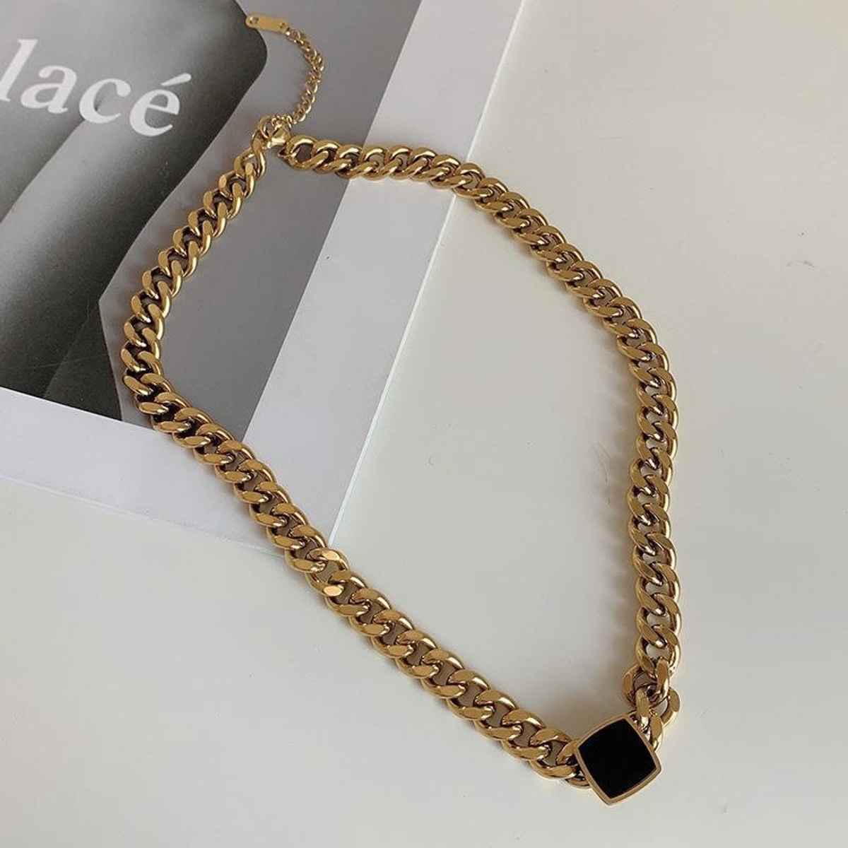 Just Lil Things Chunky Gold Cuban Link Necklace with Black Pendant Bold Statement Jewelry | jltn0577