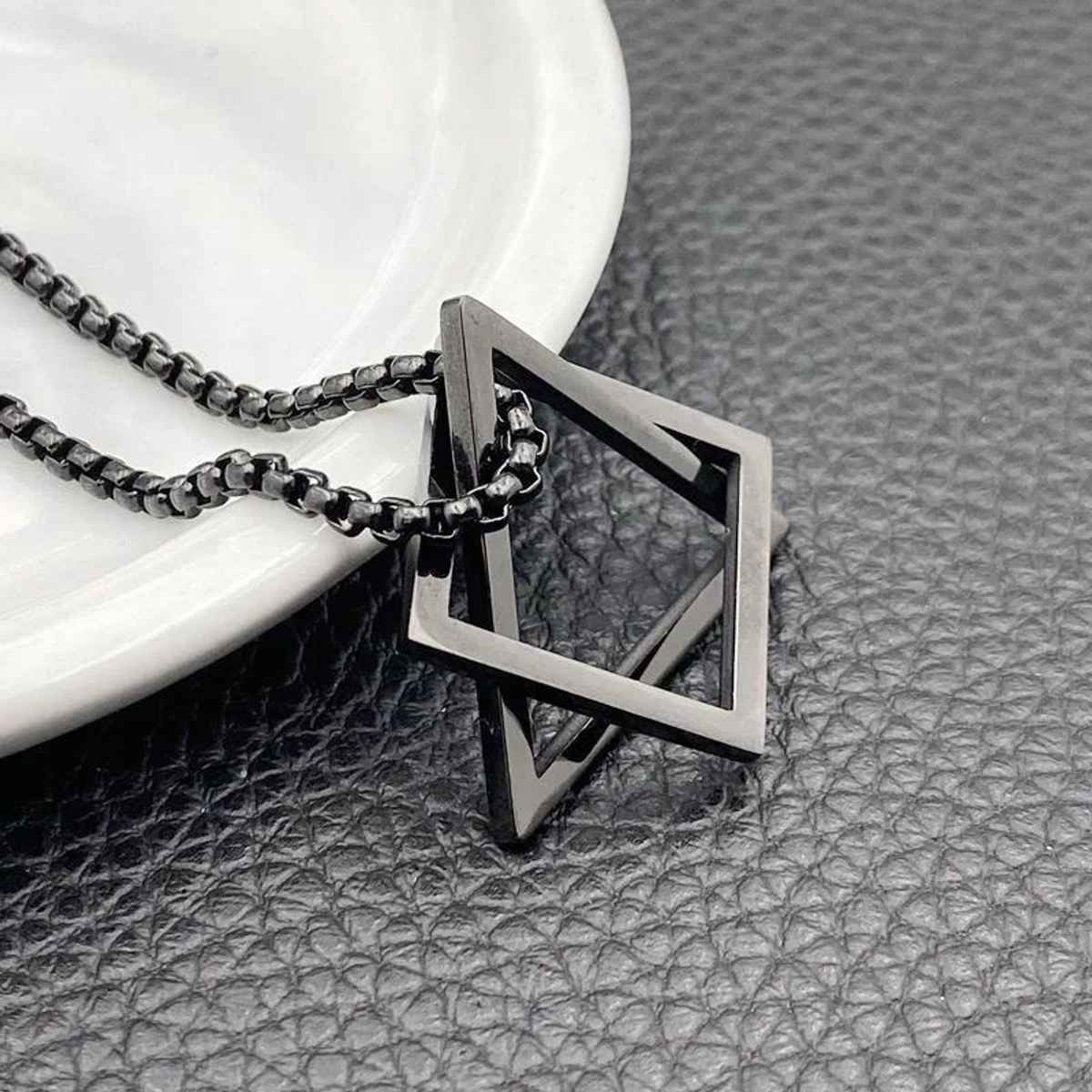 The Opal Factory Men's Jewelry Triangle in Square Pendant Chain | Necklace-093 | Black