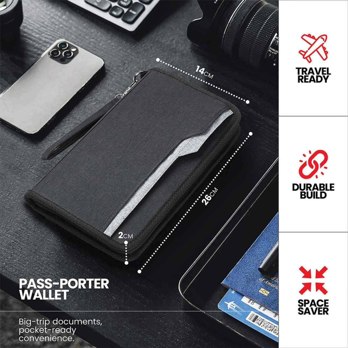 FATMUG Passport Organizer Travel Zip Pouch Document Storage for Men & Women | Dark Grey