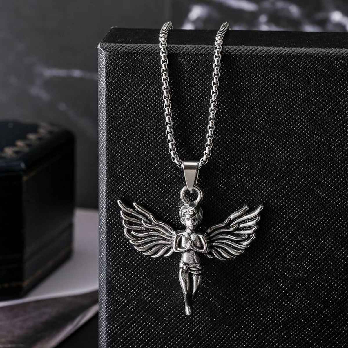 SALTY Alpha Greek Angel Pendant with Chain for Men and Boys| Anti-Tarnish | Silver