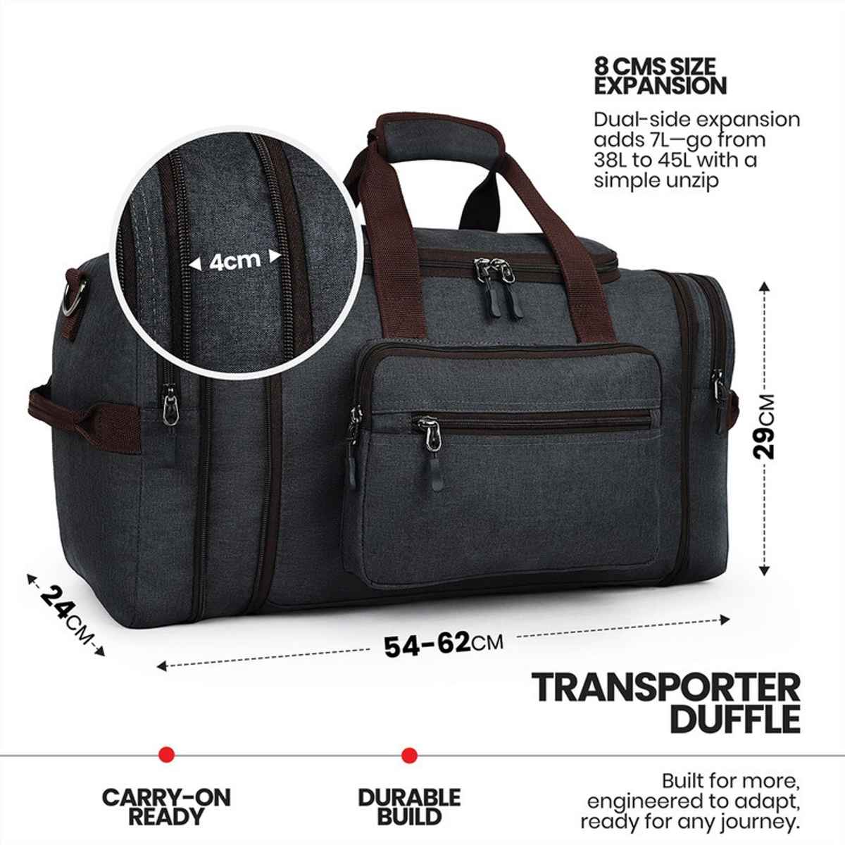 FATMUG Expandable Duffel Overnight Travel Weekender Bag for Men Women | Dark Grey - 38 to 45L