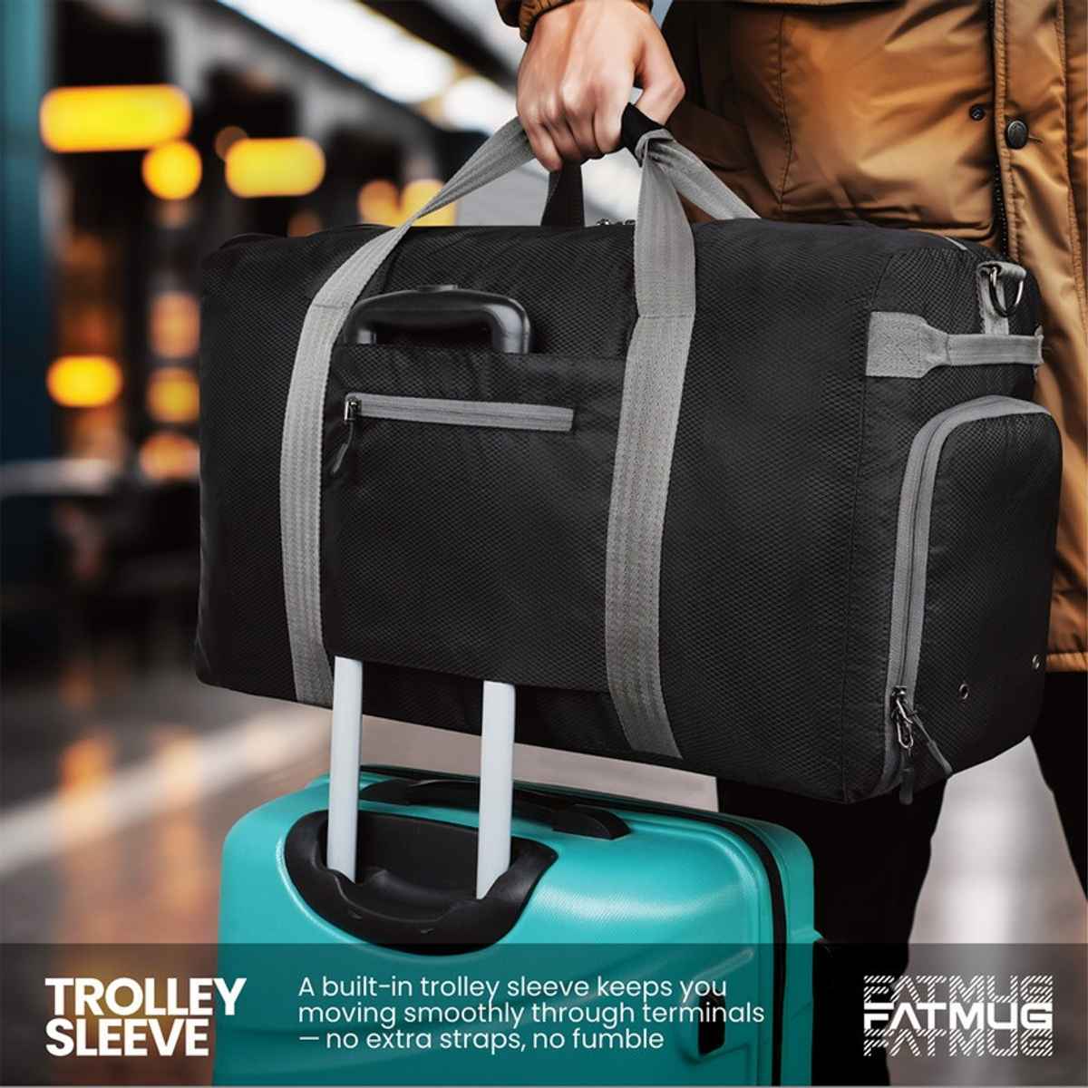 FATMUG Foldable Duffel Luggage Bag for Travel Packing and Storage Men Women | Black - 45 L