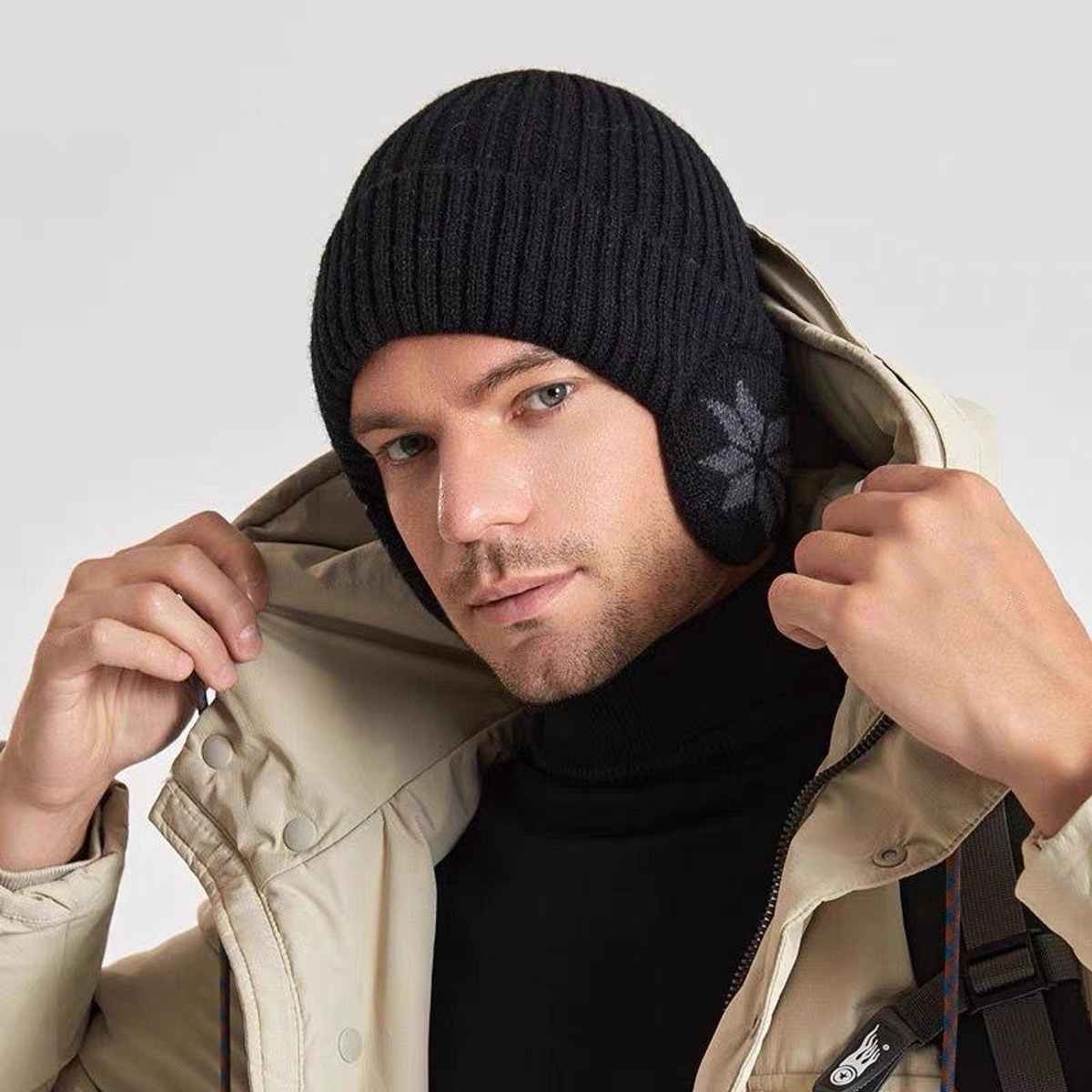 Infispace Winter Woolen Unisex Earmuff Beanie Knitted Cap Neck Warmer | Black