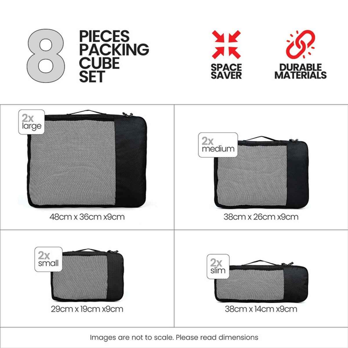 FATMUG Packing Cubes Travel Pouch | Organizer Set | Large Medium Small Slim - Black