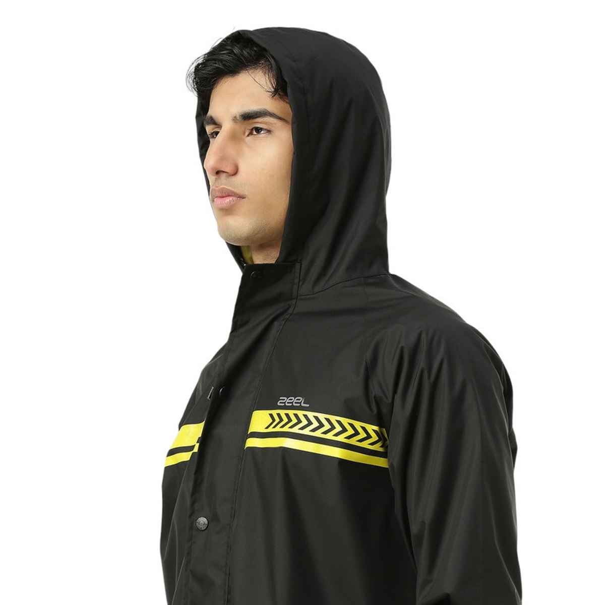 ZEEL Rain Coat for Men with Adjustable Hood along with Reflective back, Black-Lime XL