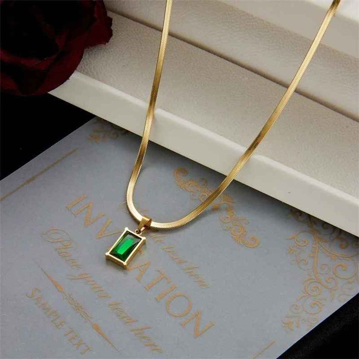 Just Lil Things Gold Elegant Chain Necklace with Emerald Pendant for Women | jltn0610