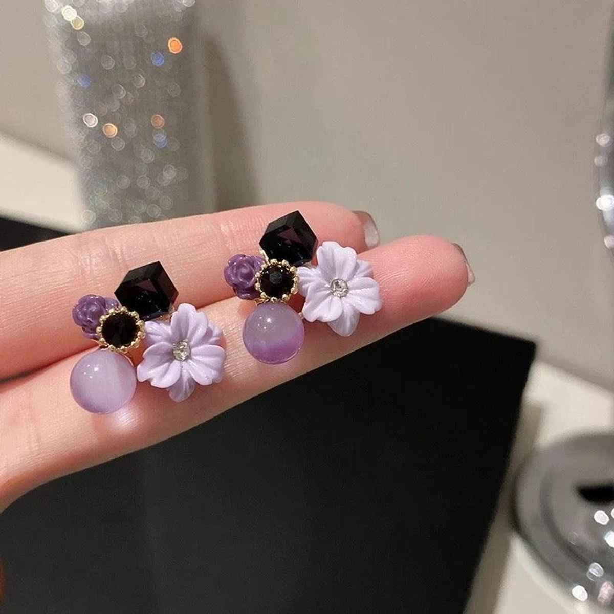 Estailo Fashion Women's Jewellery Earrings Purple Floral | One Size