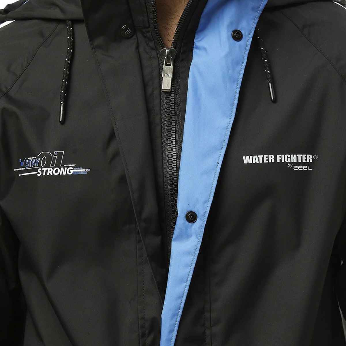 ZEEL Water Fighter RainCoat for Men with Adjustable Hood and Pocket, Black-Blue XL