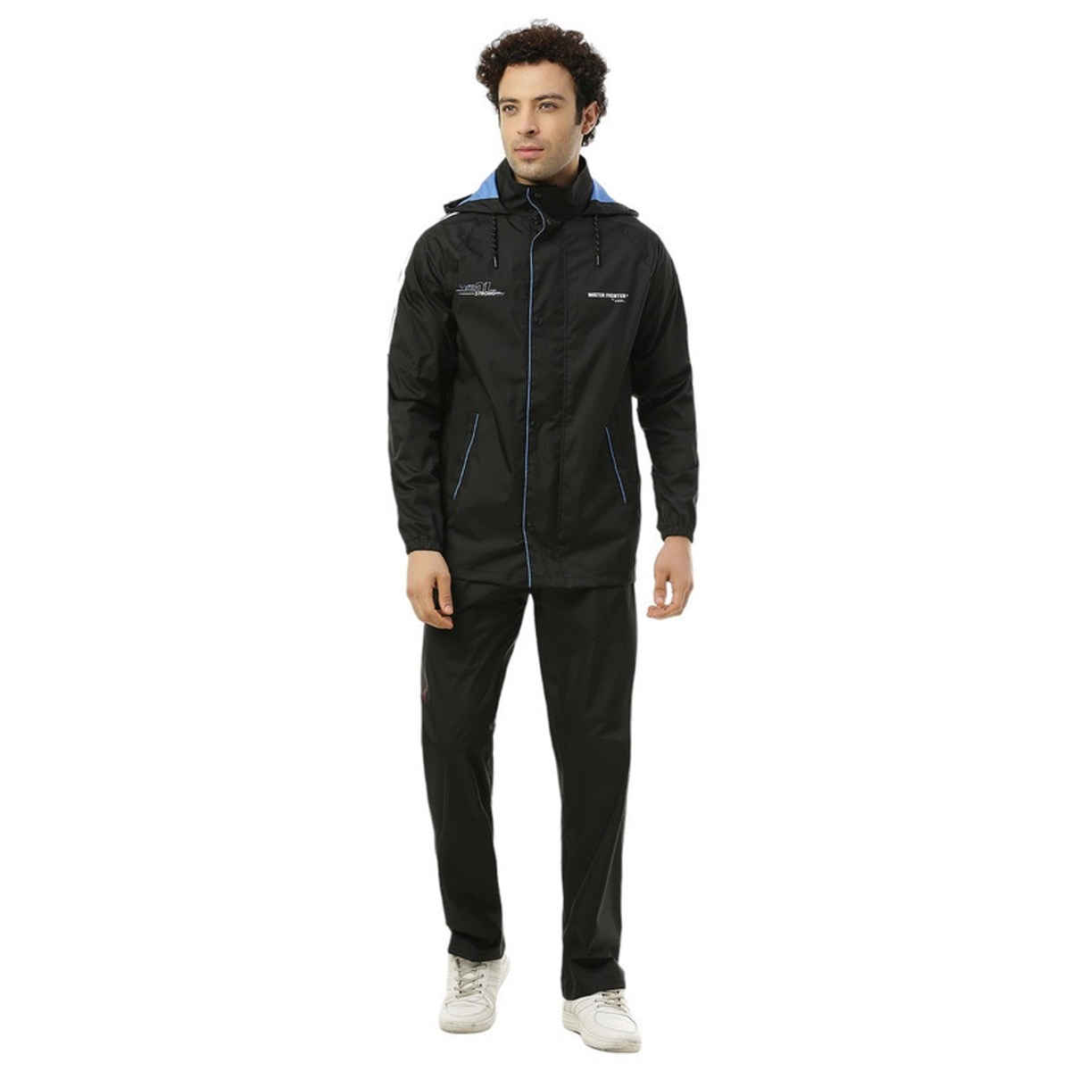 ZEEL Water Fighter RainCoat for Men with Adjustable Hood and Pocket, Black-Blue XL