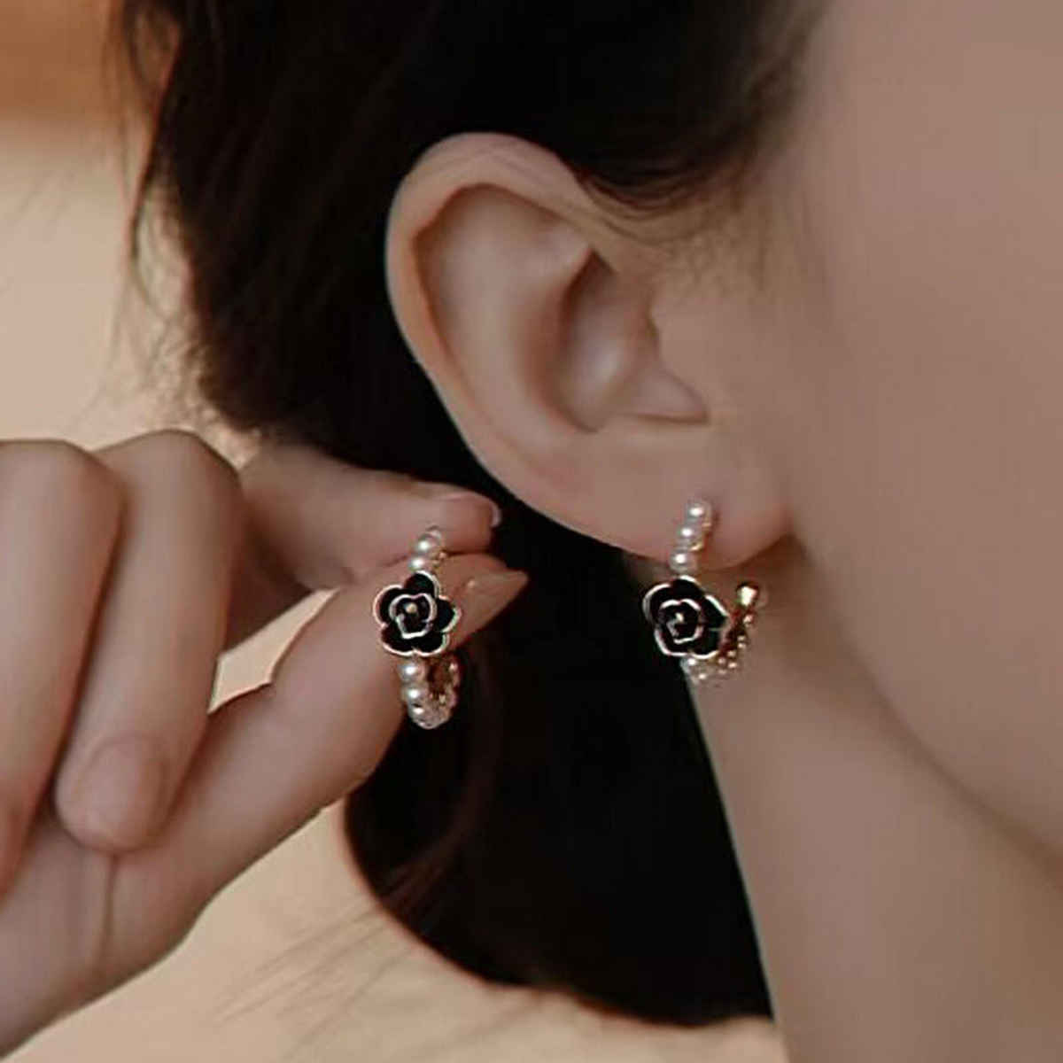 Beautynx Black Rose Pearl Hoop Earrings | BNX-EAR-0055 - Gold