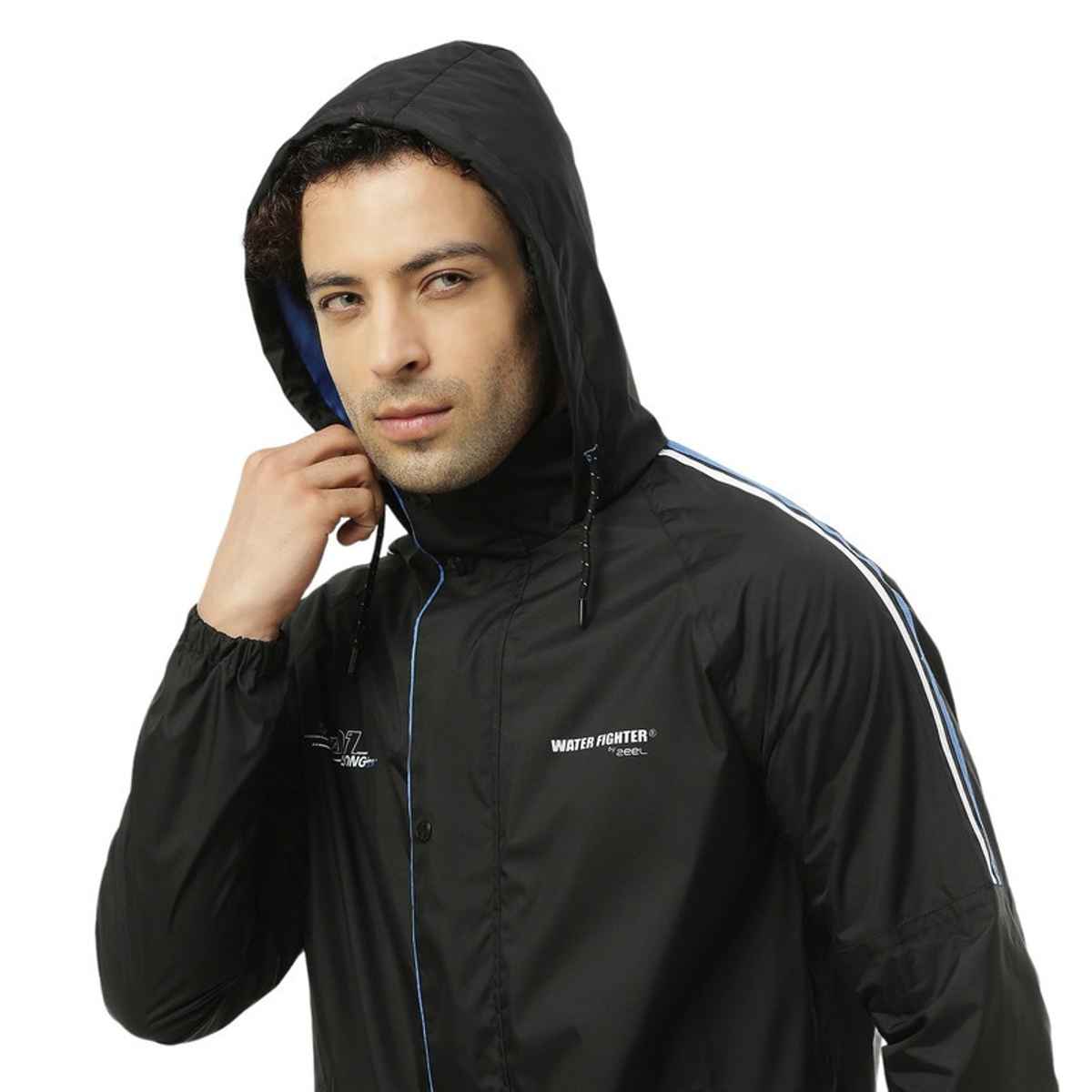 ZEEL Water Fighter RainCoat for Men with Adjustable Hood and Pocket, Black-Blue XL