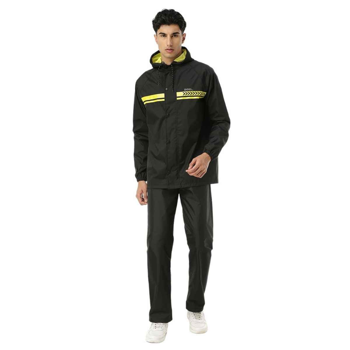 ZEEL Rain Coat for Men with Adjustable Hood along with Reflective back, Black-Lime XL