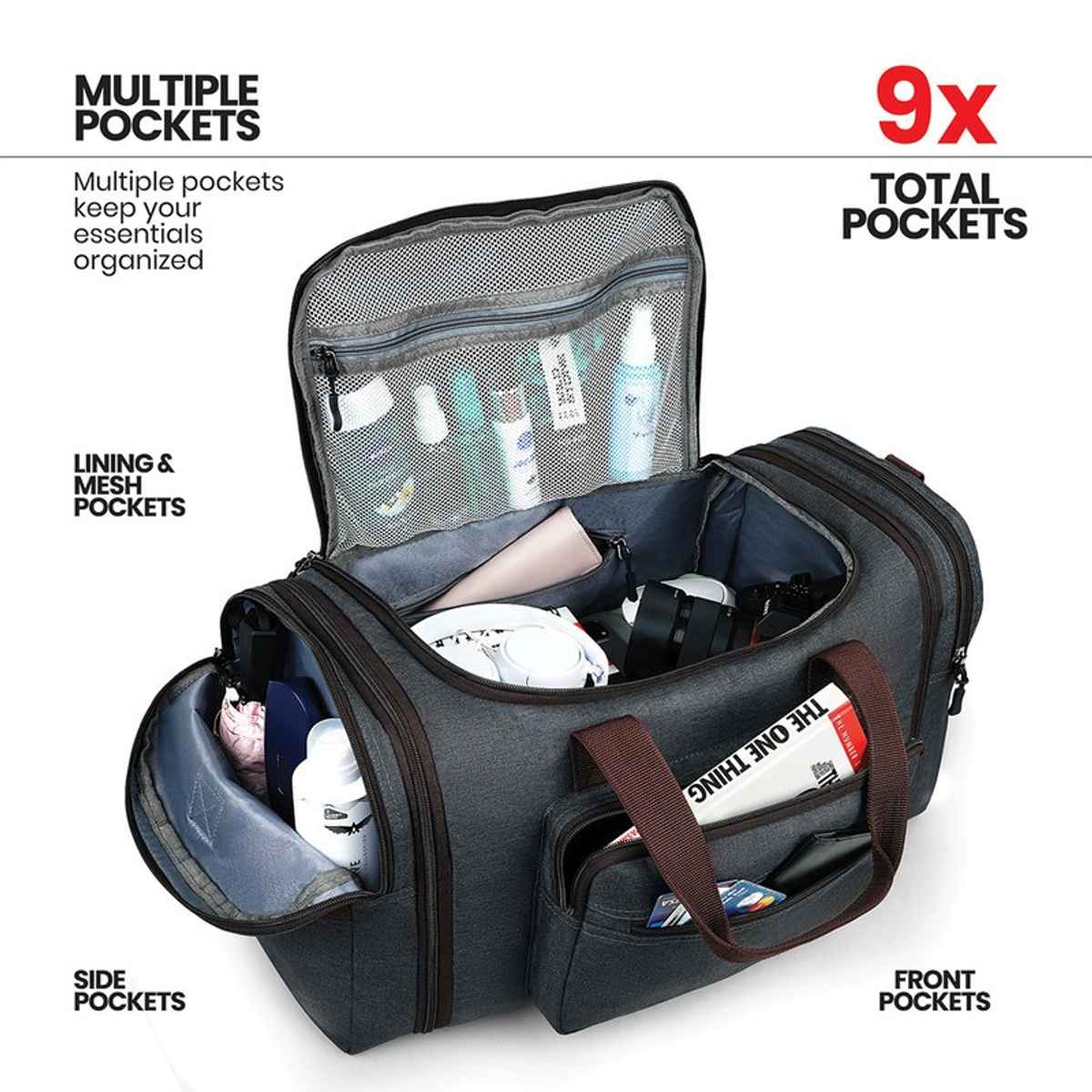 FATMUG Expandable Duffel Overnight Travel Weekender Bag for Men Women | Dark Grey - 38 to 45L