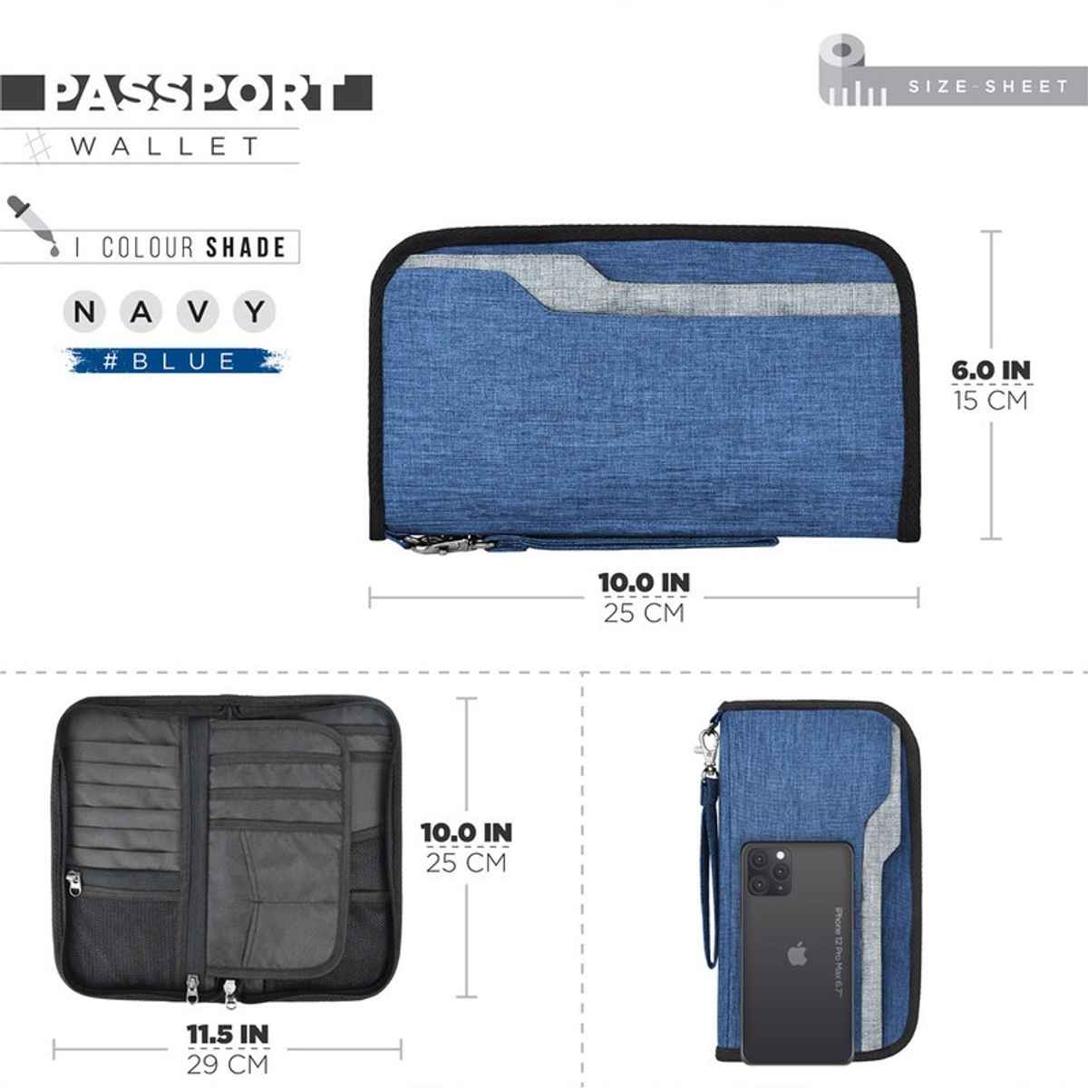 FATMUG Passport Organizer Travel Zip Pouch Document Storage for Men Women | Navy Blue