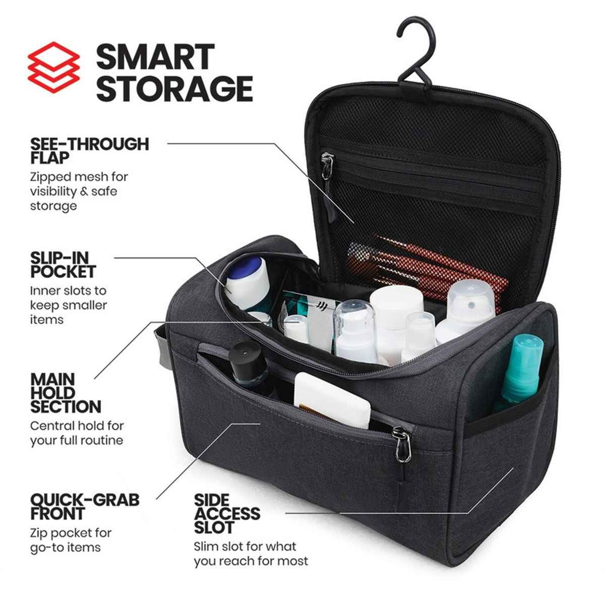 FATMUG Travel Bag Toiletry Organizer | Hanging Dopp Kit for Men and Women Dark | Grey