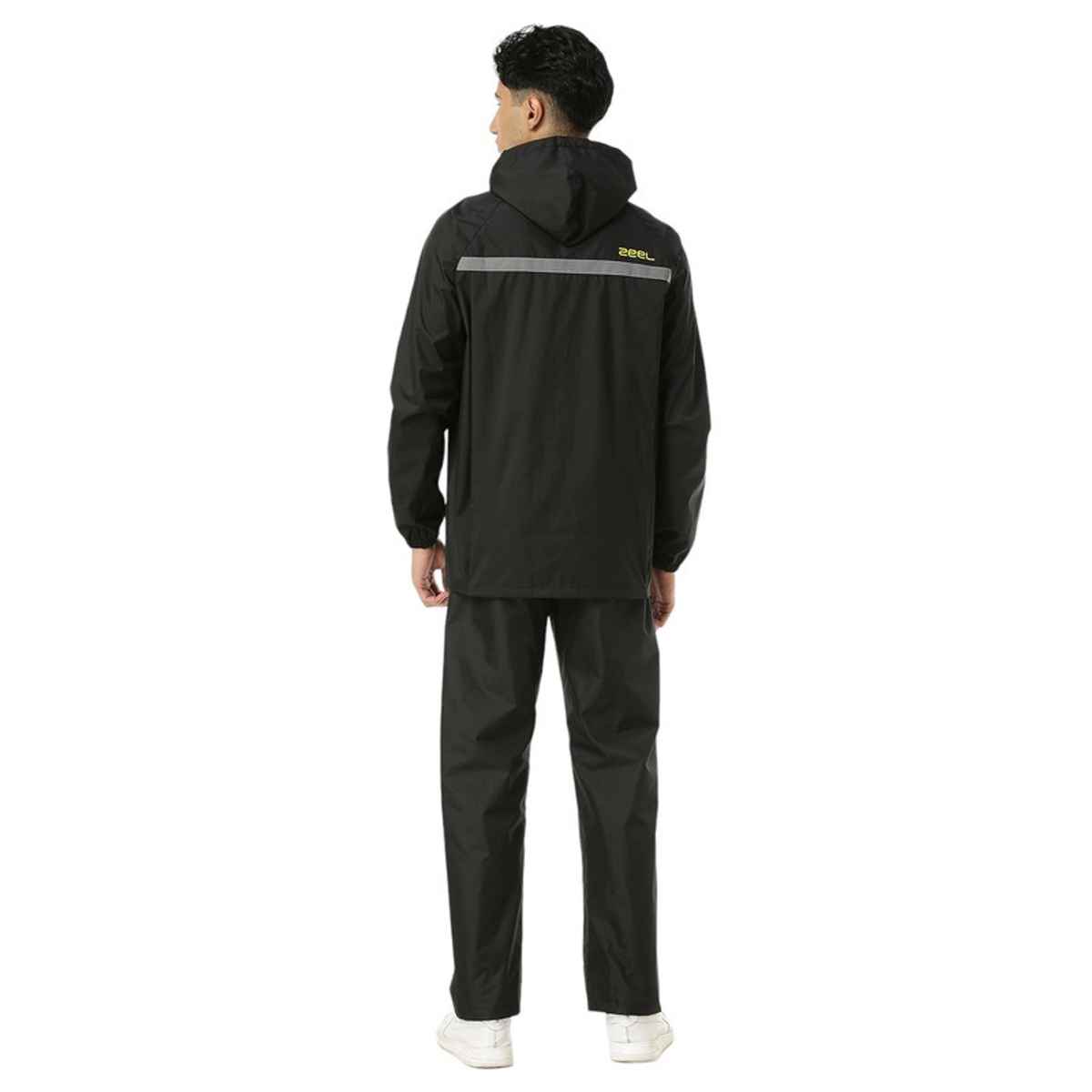 ZEEL Rain Coat for Men with Adjustable Hood along with Reflective back, Black-Lime XL