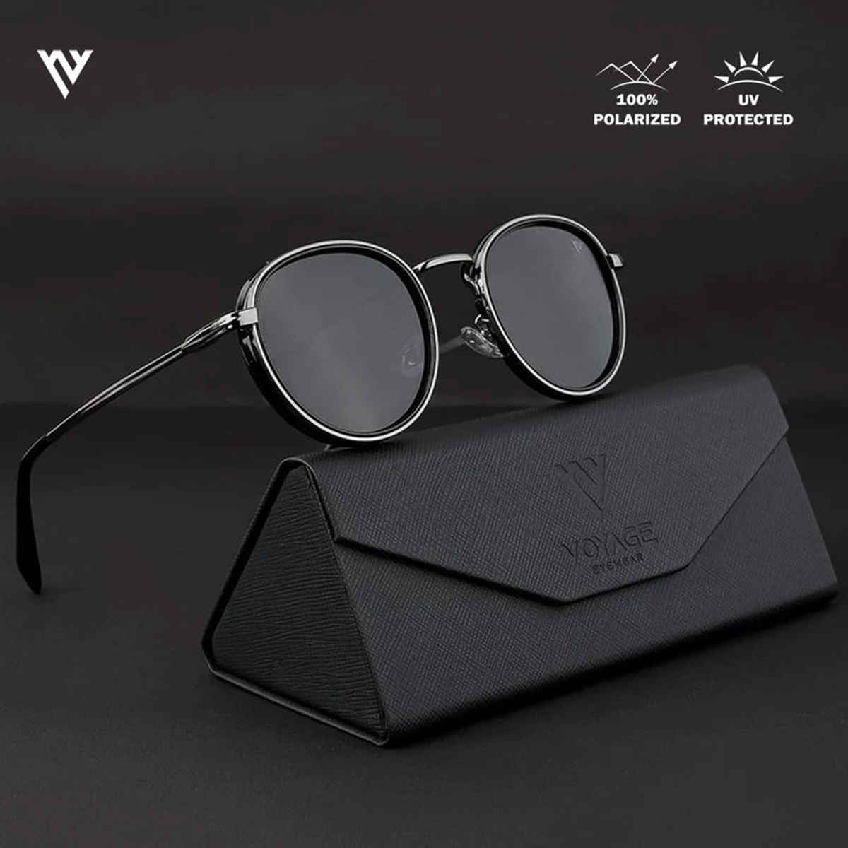 Voyage Captain Polarized Round Sunglasses for Men & Women | Black & Silver | PMG3982